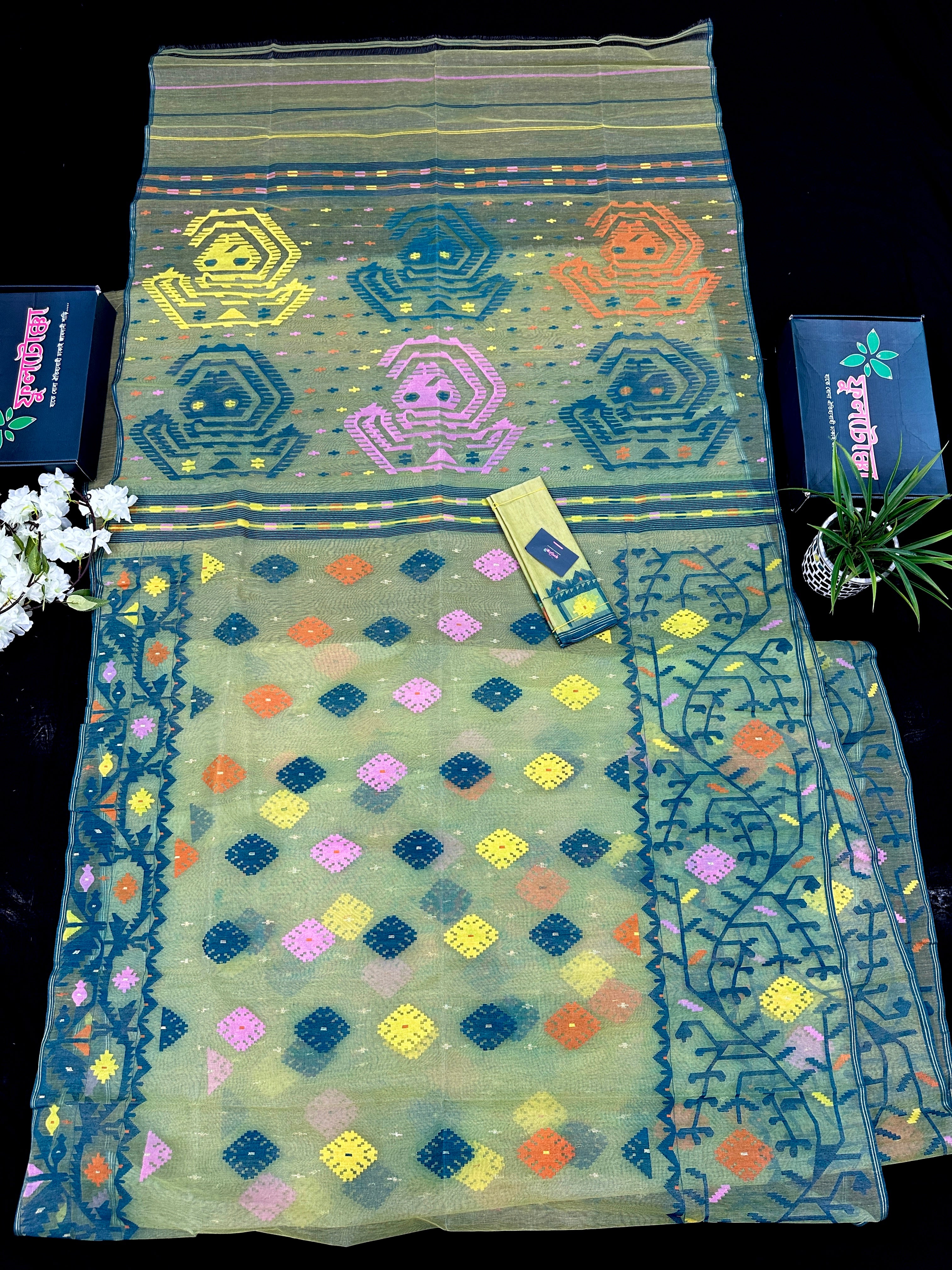 Yellow Exclusive dhakai jamdani saree with all over multi colour threads & flower work soft count.