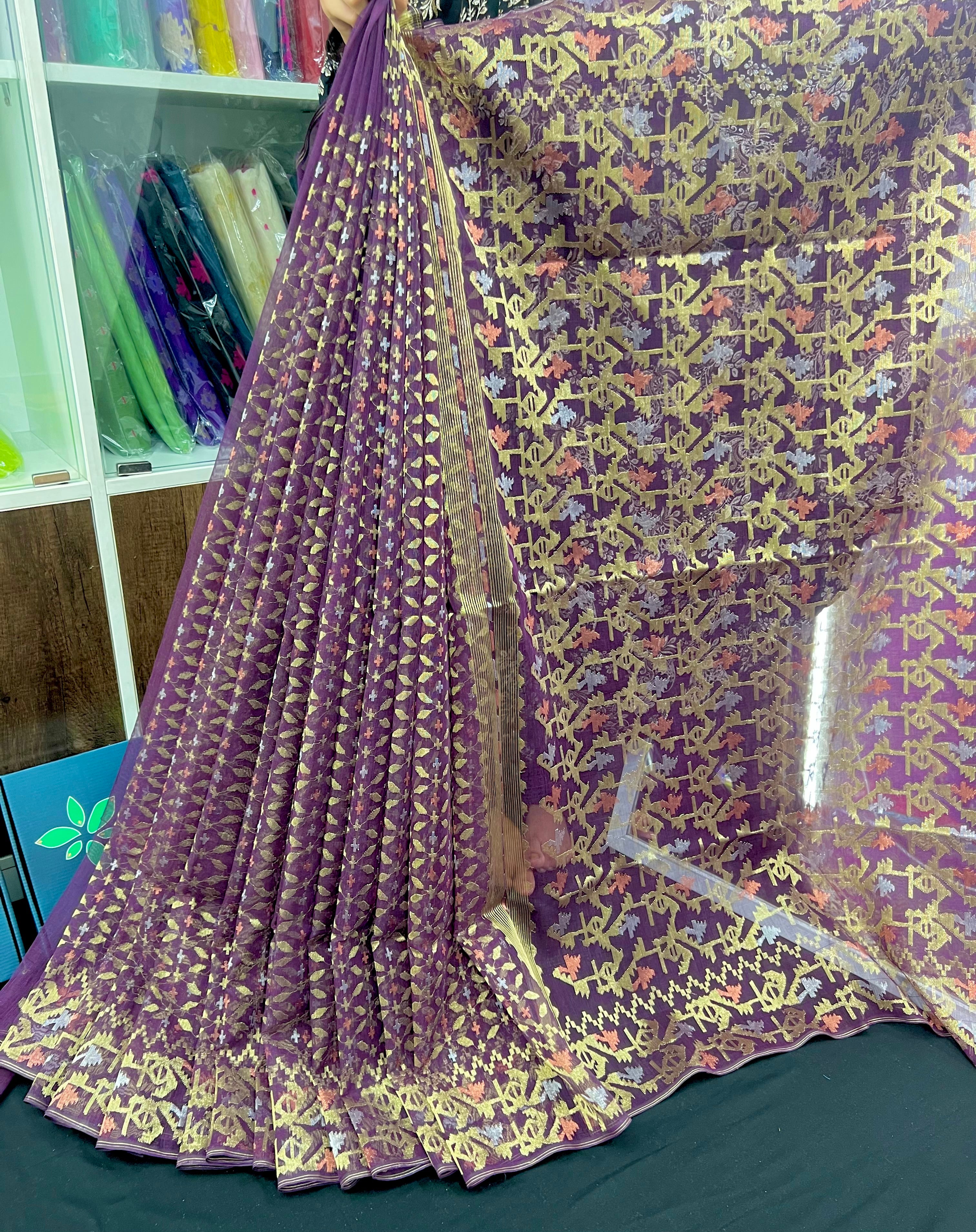 Dark bitrut dual toned exclusive halfsilk jamdani saree with golden silver & copper jori work