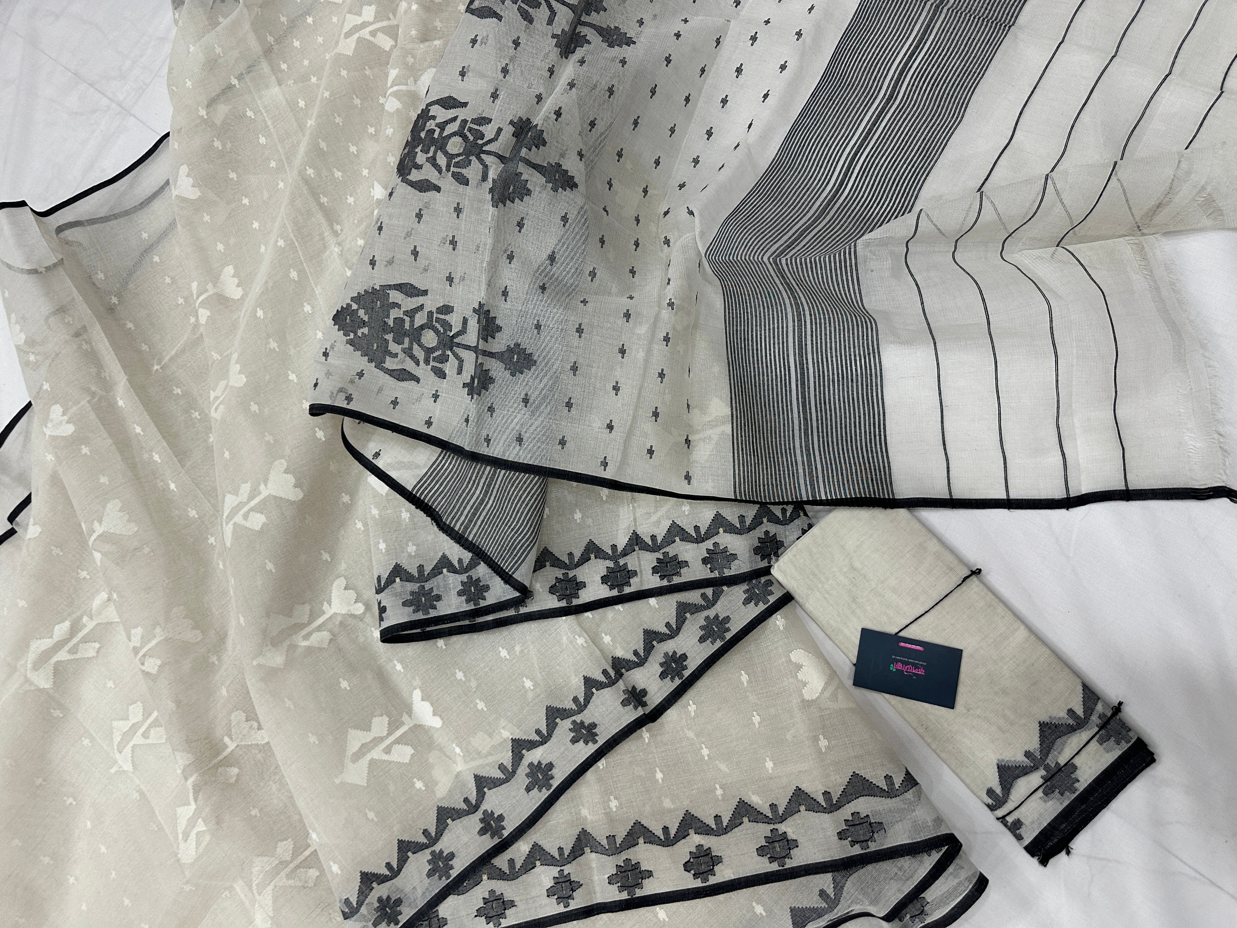 Black White Jamdani Saree With Black Threads & White Threads Work.