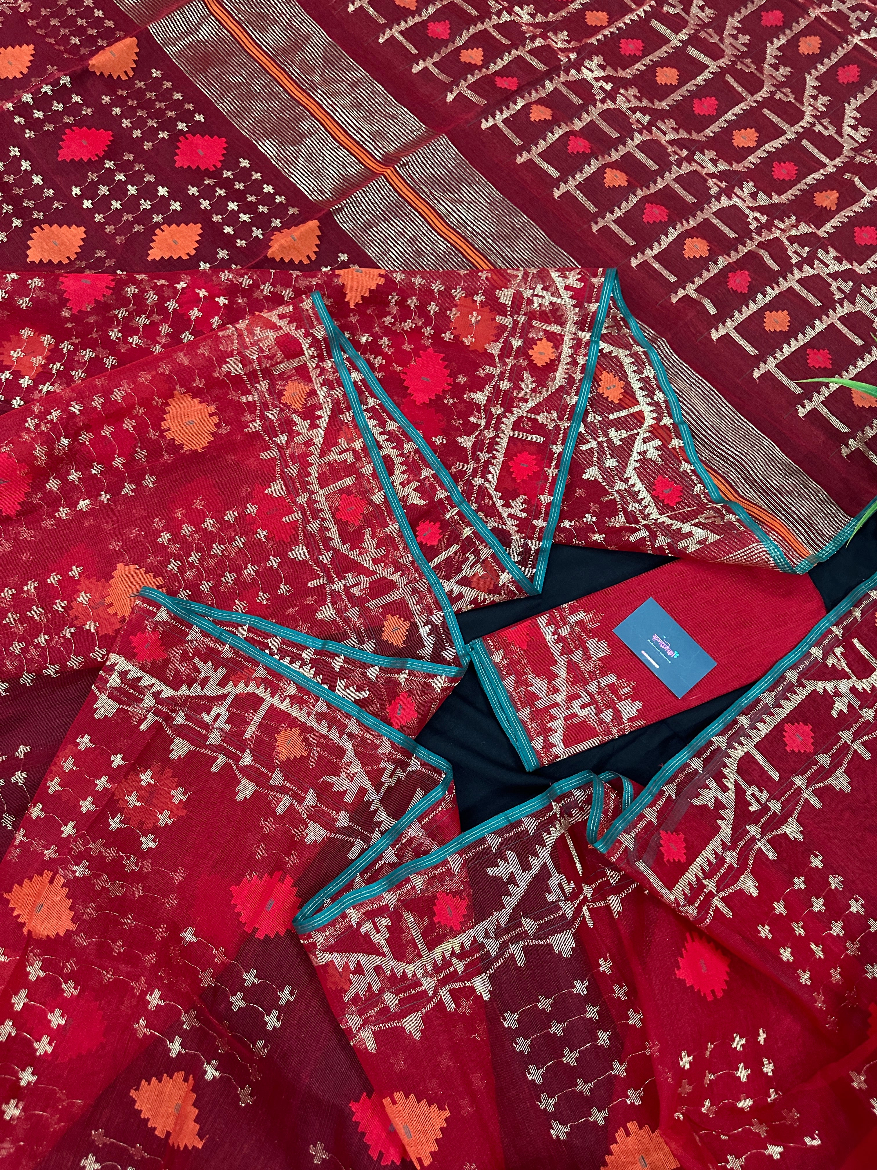 Bridal Red Halfsilk Jamdani Saree With Golden Jori Work & Red Threads work.