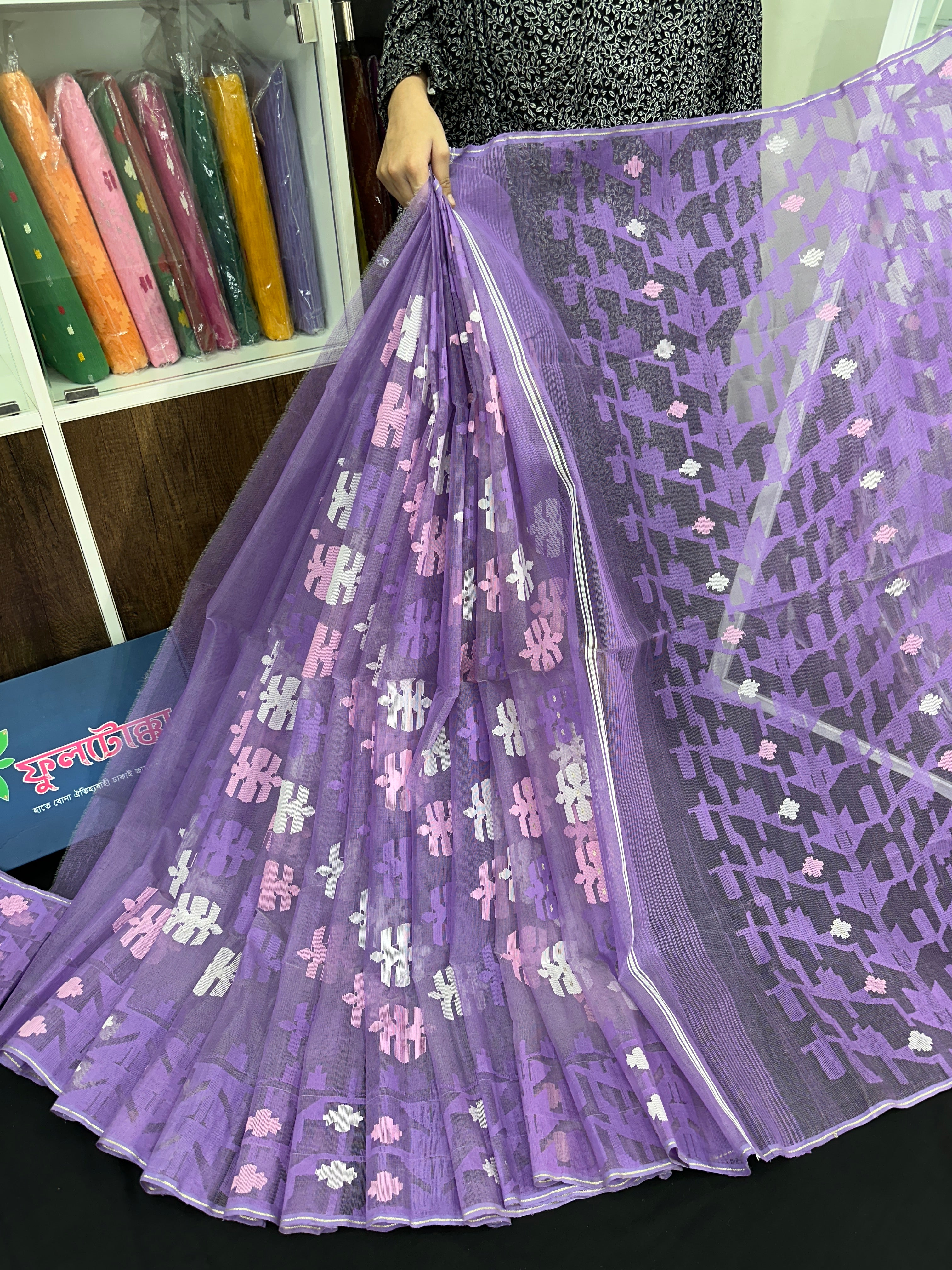 Sweet lavendar halfsilk jamdani saree with white pink lavender threads work