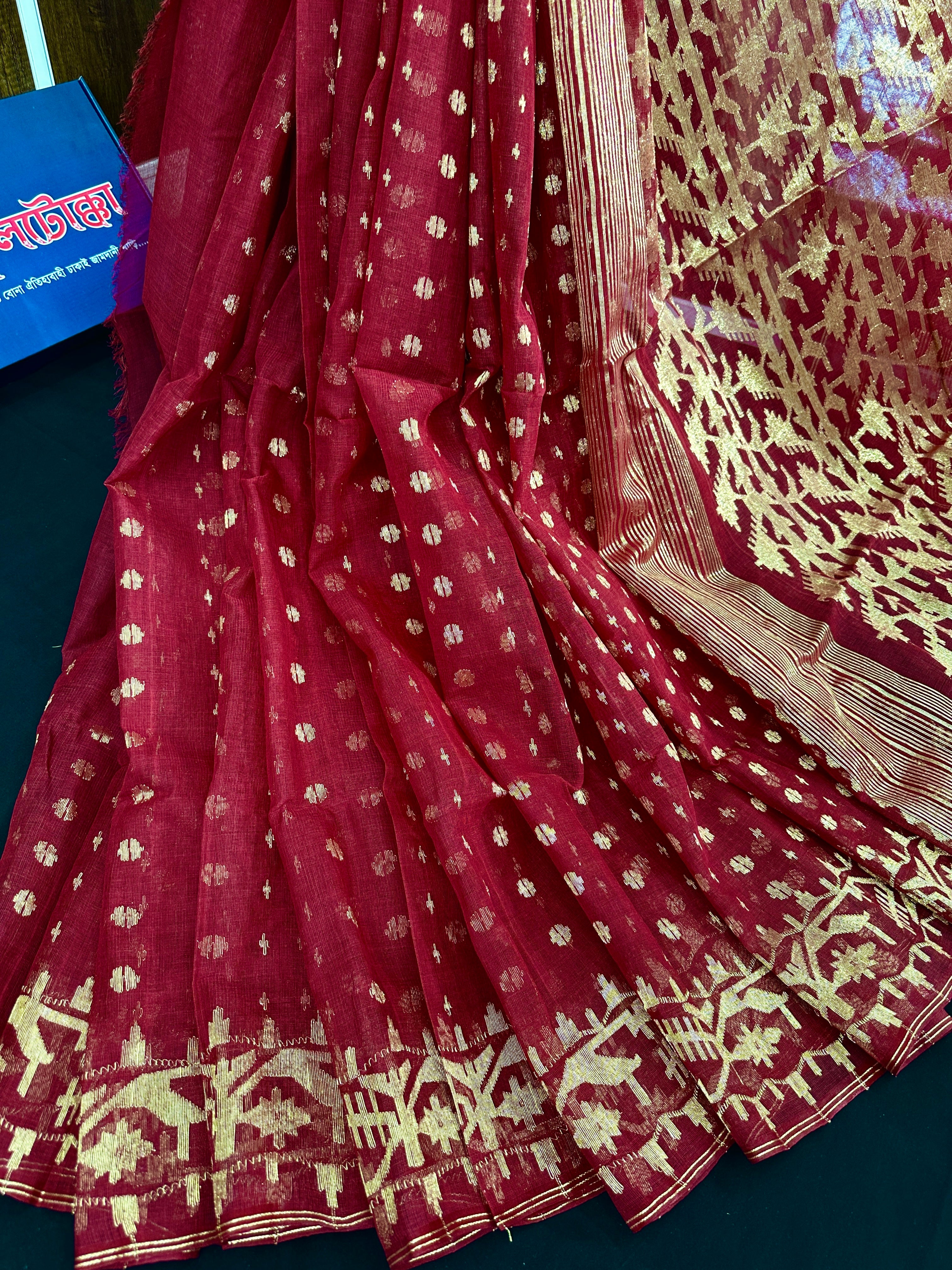 Maroon semi bridal cotton jamdani saree with golden jori work