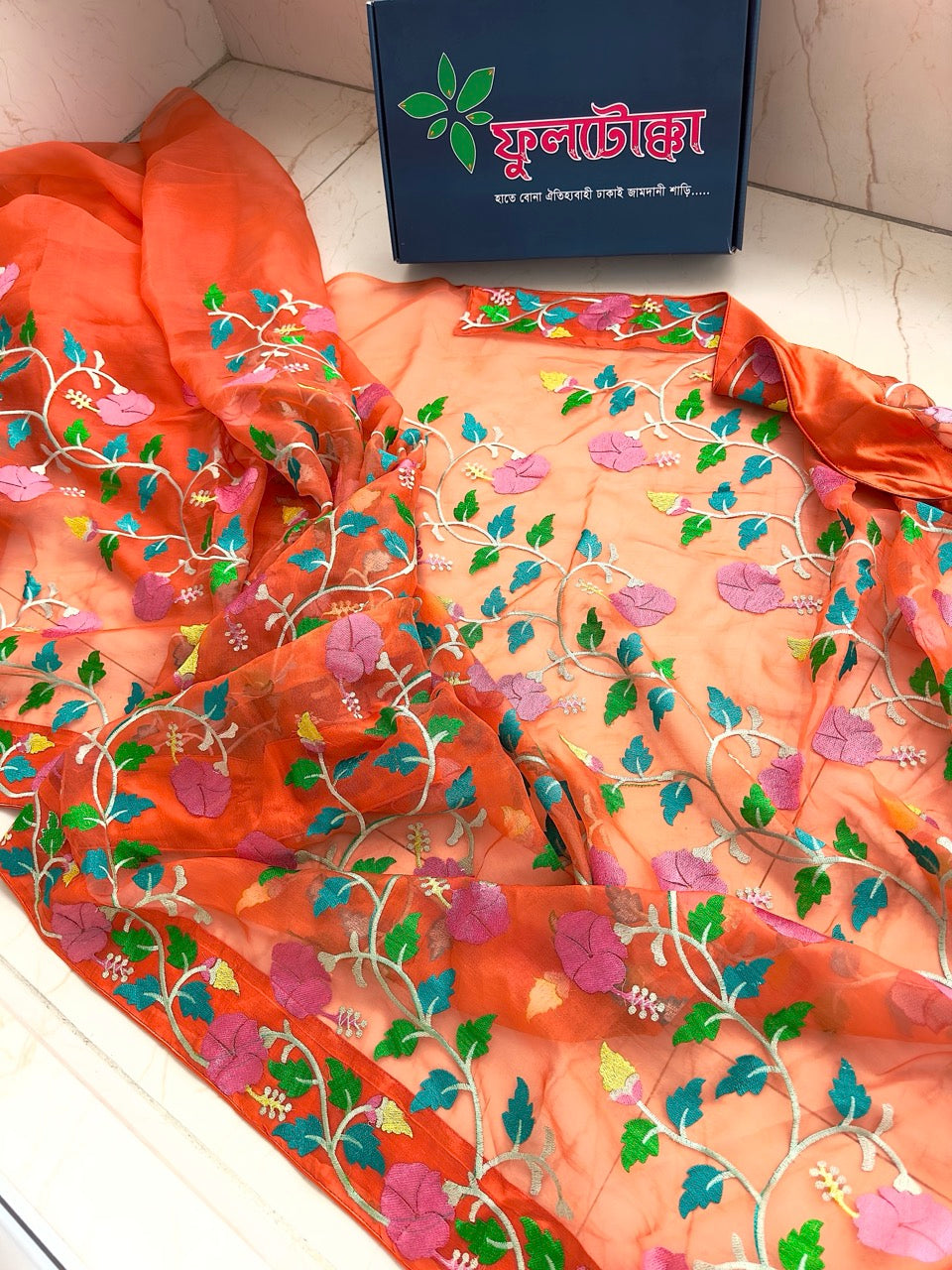 Orange Muslin Saree With Tantuj Work