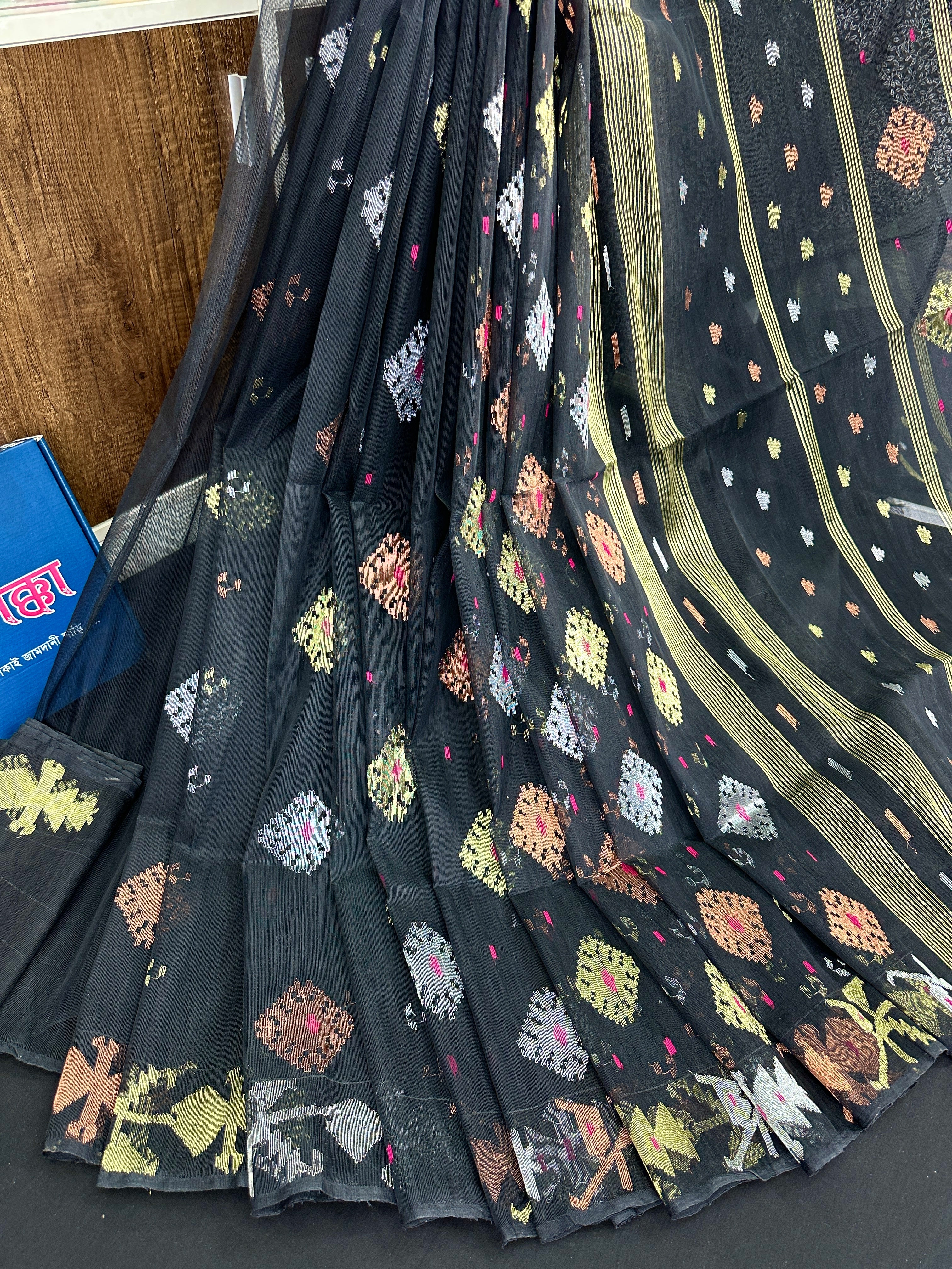 Black halfsilk jamdani saree with golden silver & copper jori work and magenta meena work