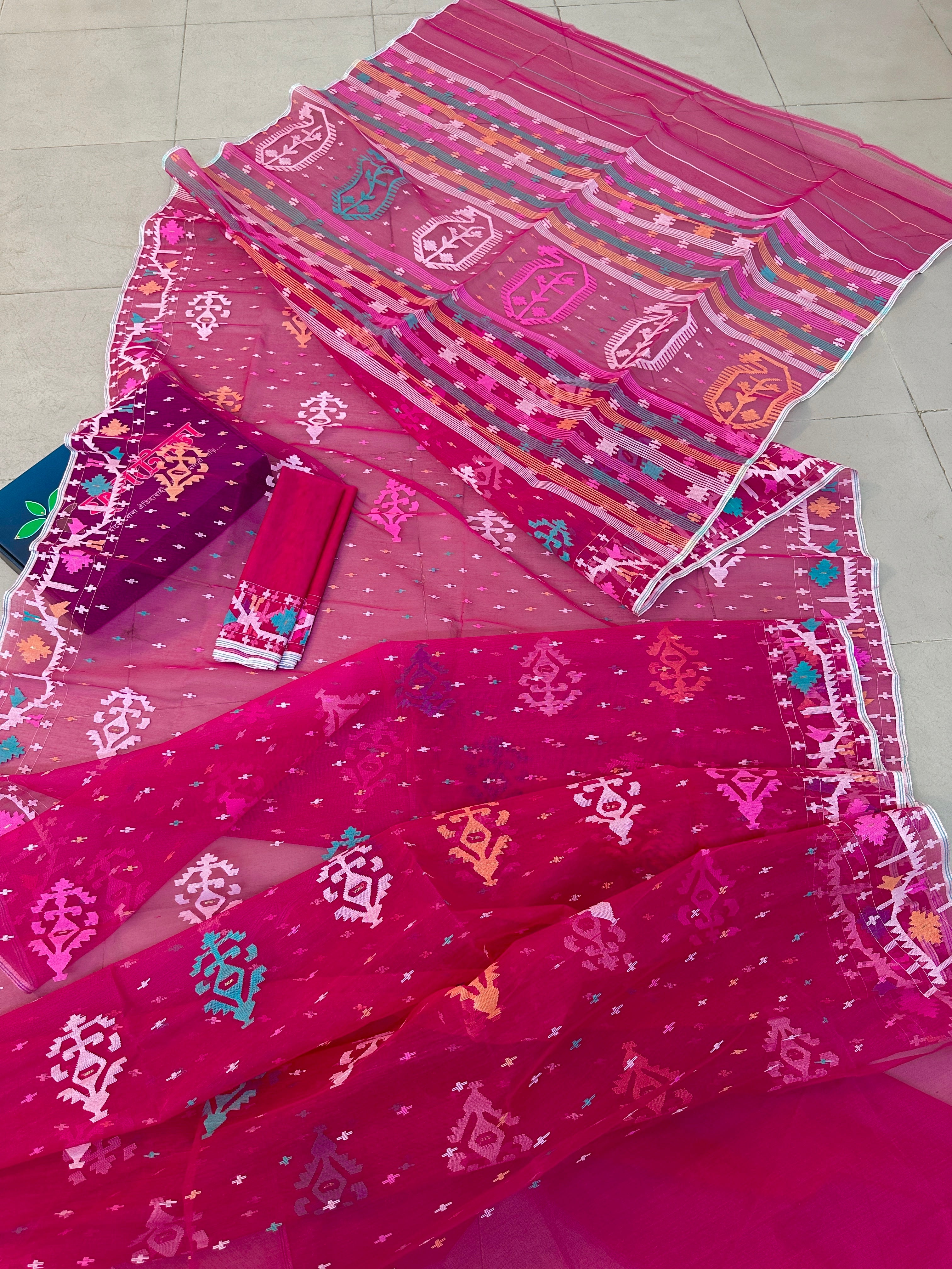 Pink colour unique Jamdani fabric features a stunning design...
