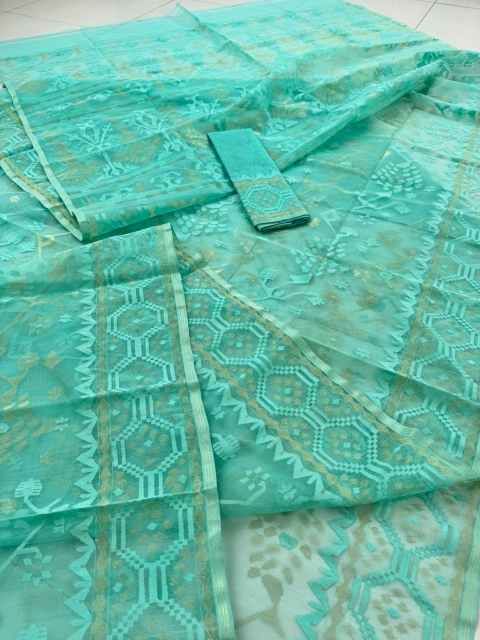 Teal blue super exclusive jamdani saree with self threads work and golden jori work