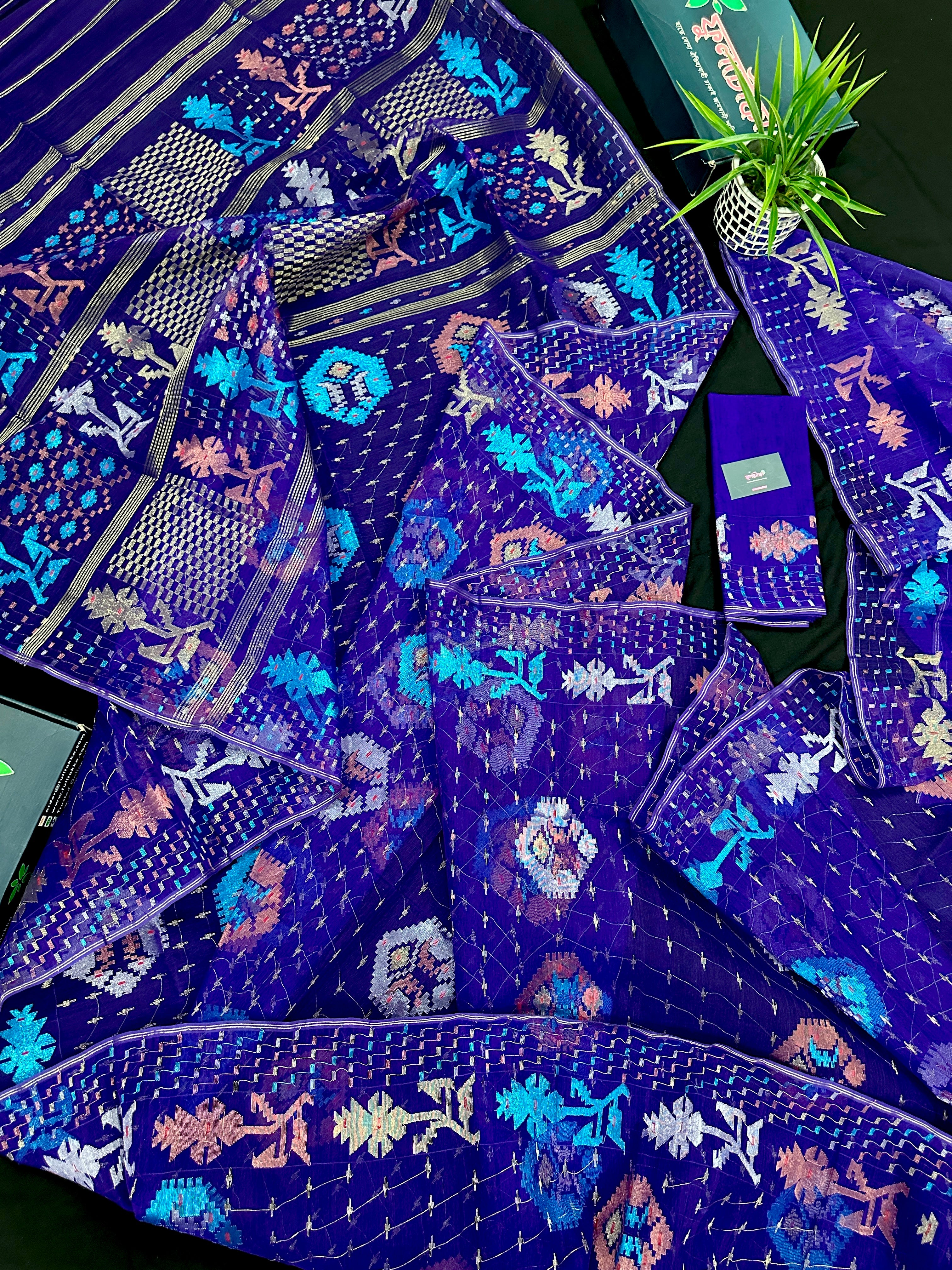 Dual Toned Purple Jamdani Saree With Golden Silver & Copper Jori Work.