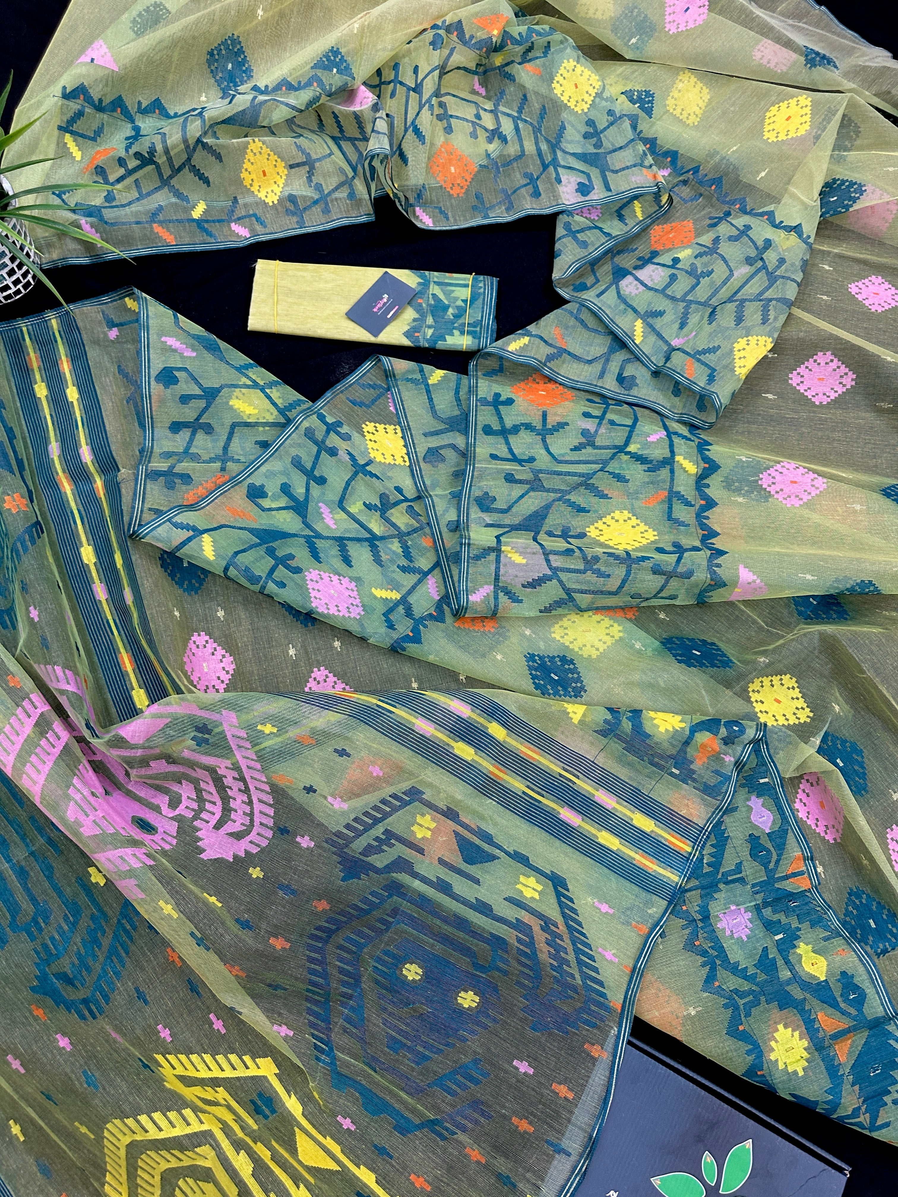 Yellow Exclusive dhakai jamdani saree with all over multi colour threads & flower work soft count.