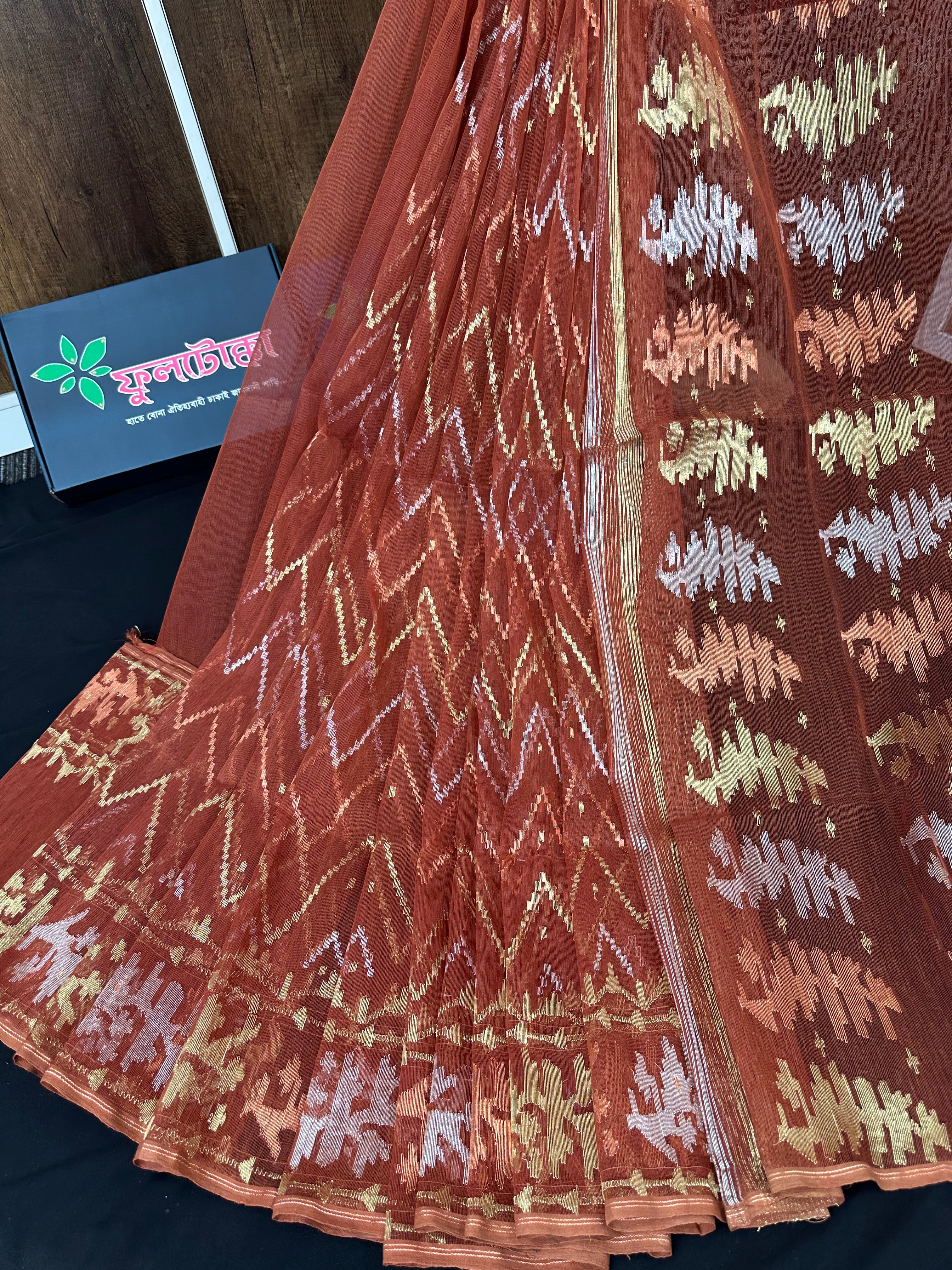 Brown halfsilk jamdani saree with golden silver and copper jori work