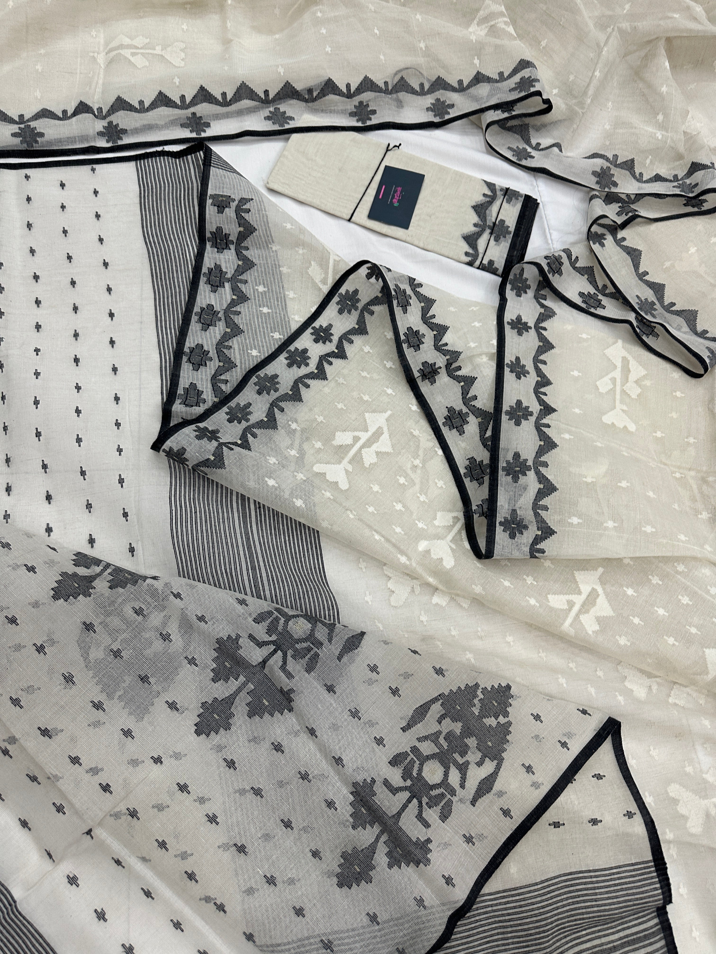 Black White Jamdani Saree With Black Threads & White Threads Work.