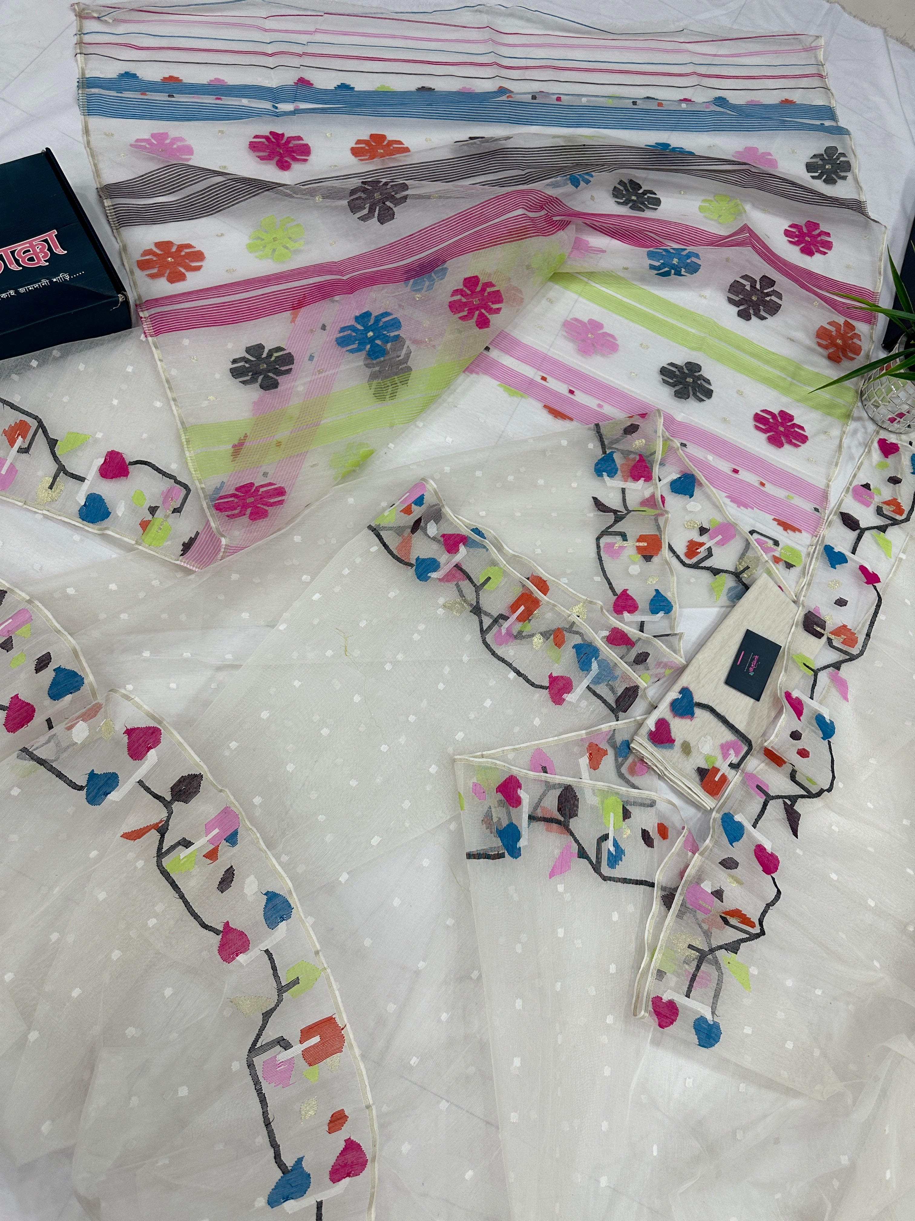 White Jamdani Saree With Multiple Threads Work.