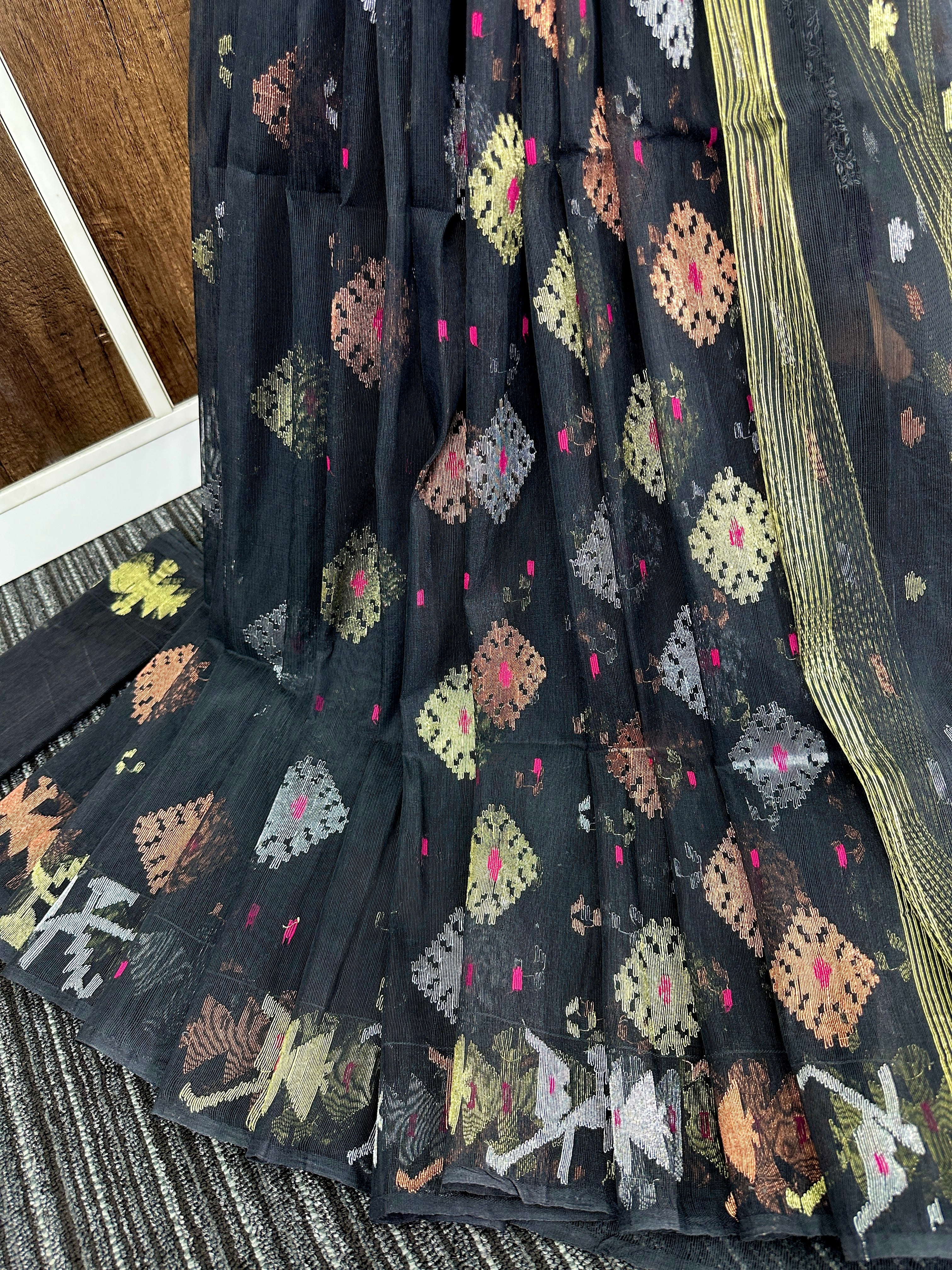 Black halfsilk jamdani saree with golden silver & copper jori work and magenta meena work