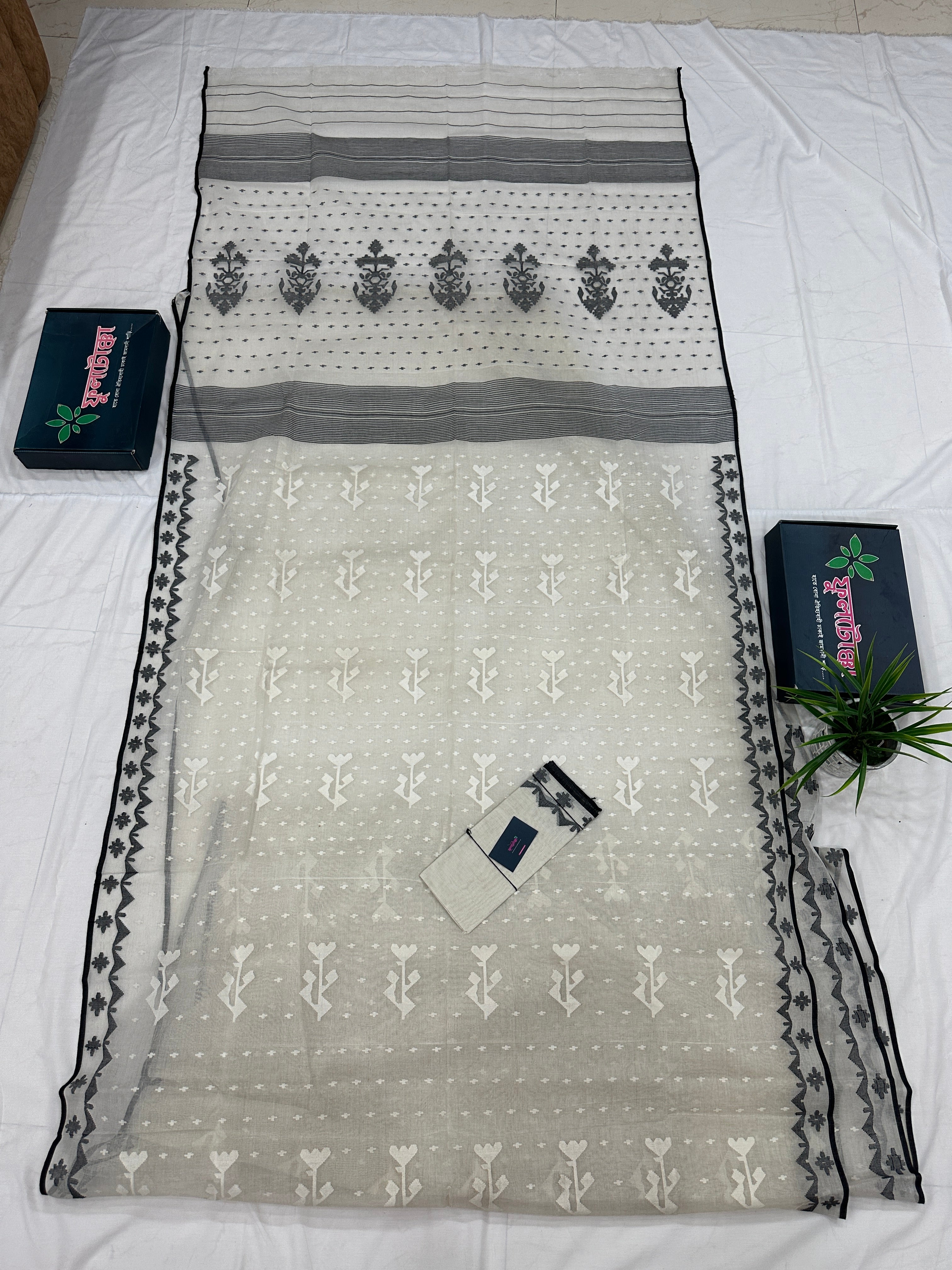Black White Jamdani Saree With Black Threads & White Threads Work.