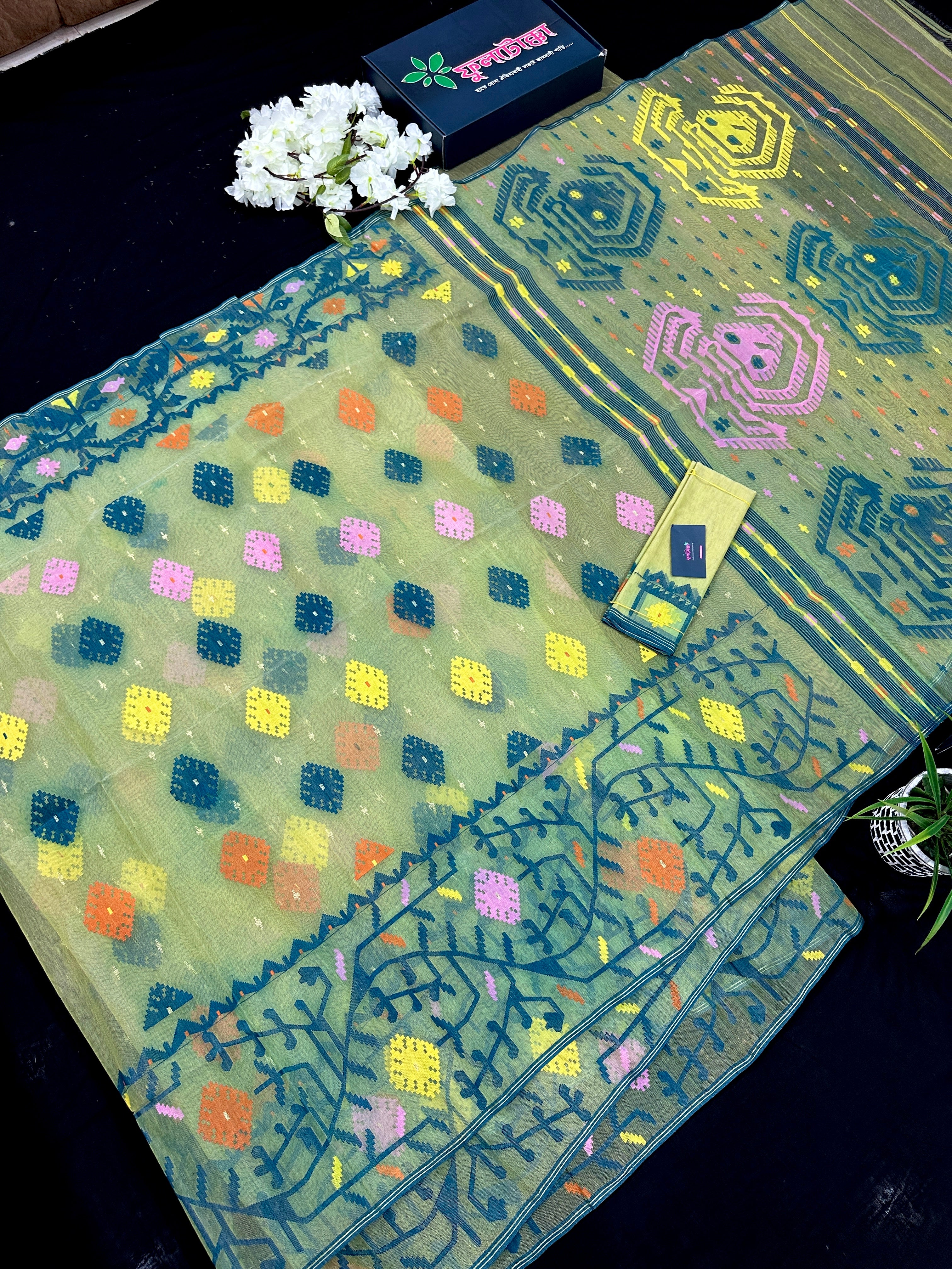 Yellow Exclusive dhakai jamdani saree with all over multi colour threads & flower work soft count.