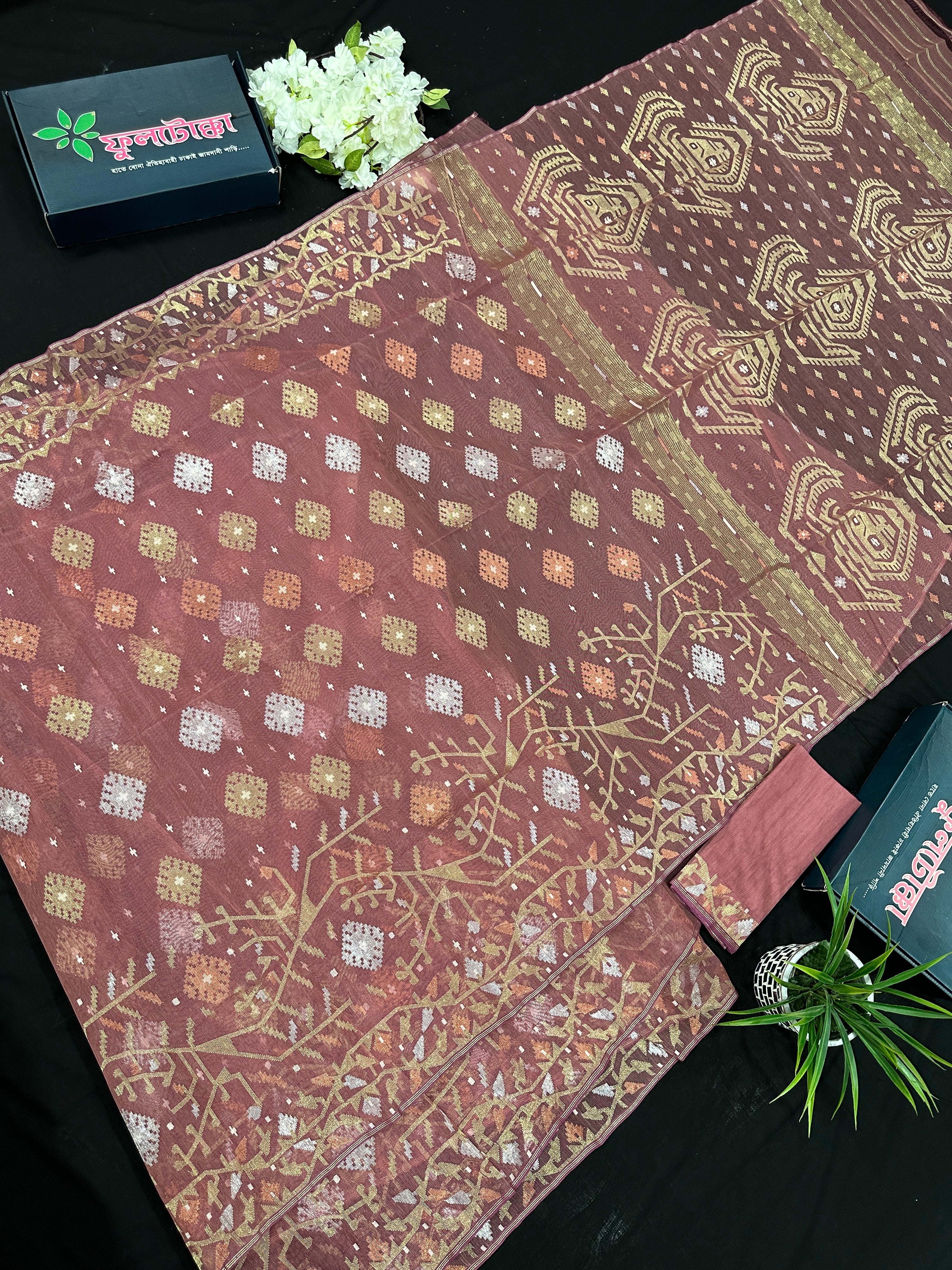 Nude Onion Exclusive Dhakai Jamdani saree with golden silver & copper jori work.