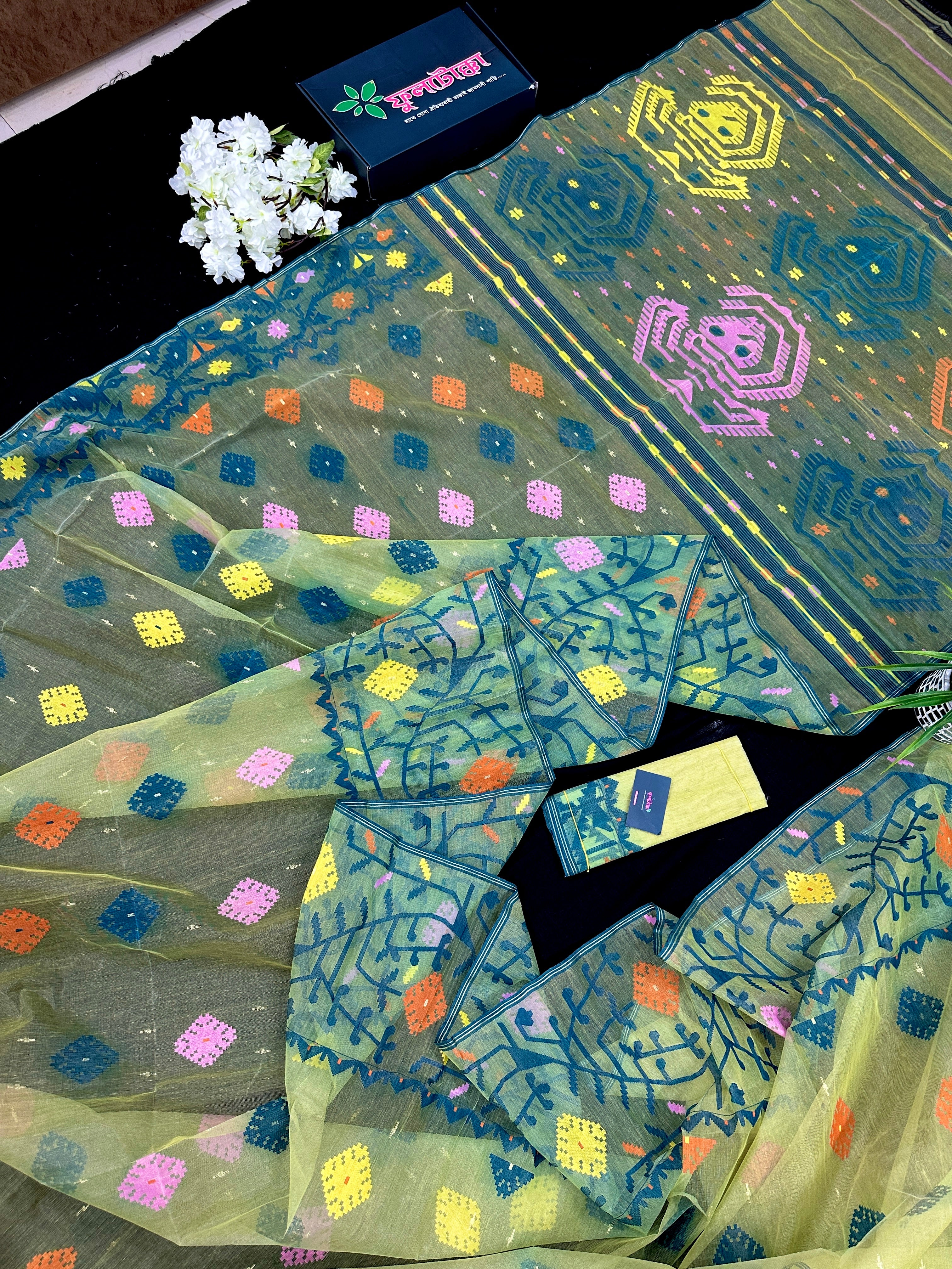 Yellow Exclusive dhakai jamdani saree with all over multi colour threads & flower work soft count.