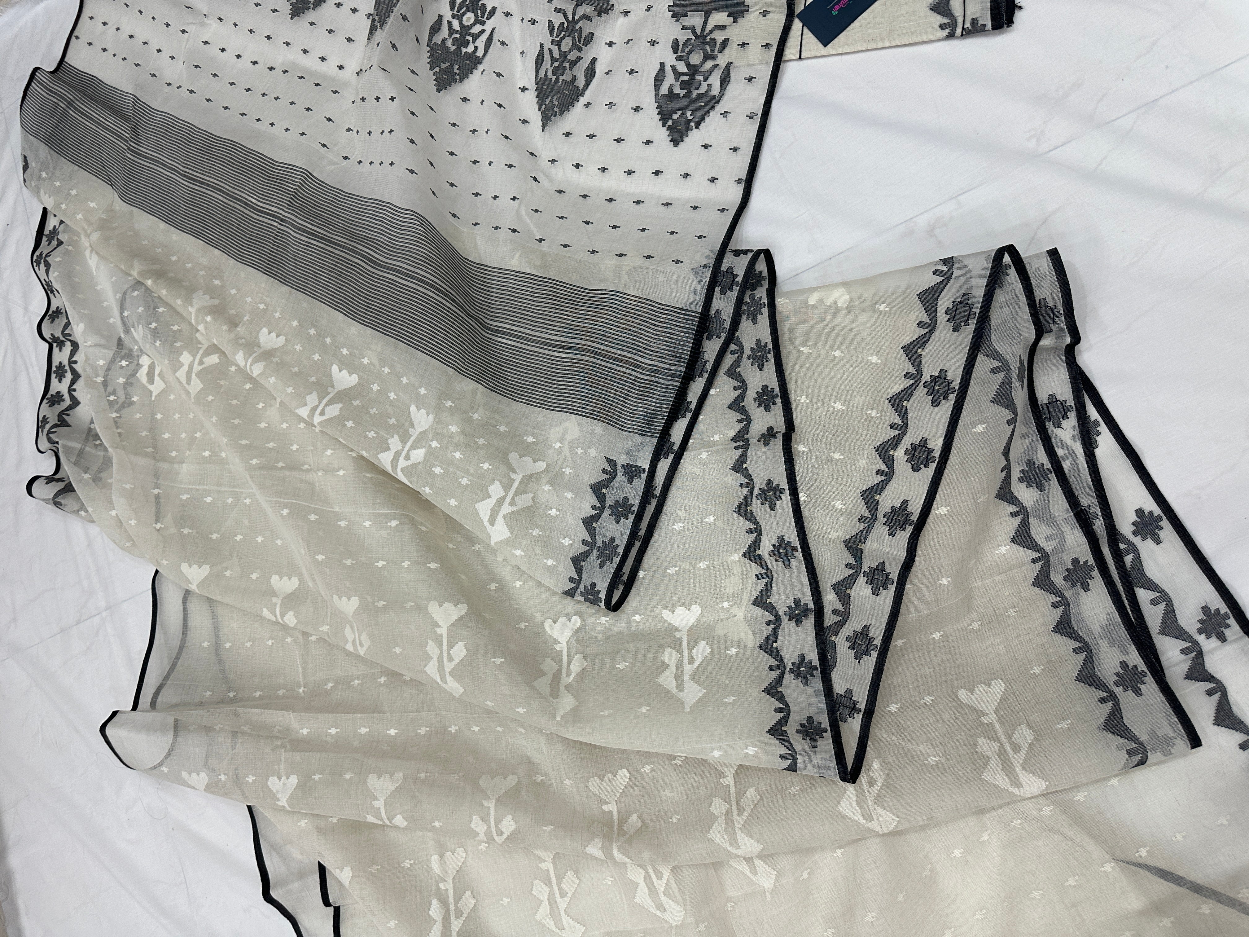 Black White Jamdani Saree With Black Threads & White Threads Work.