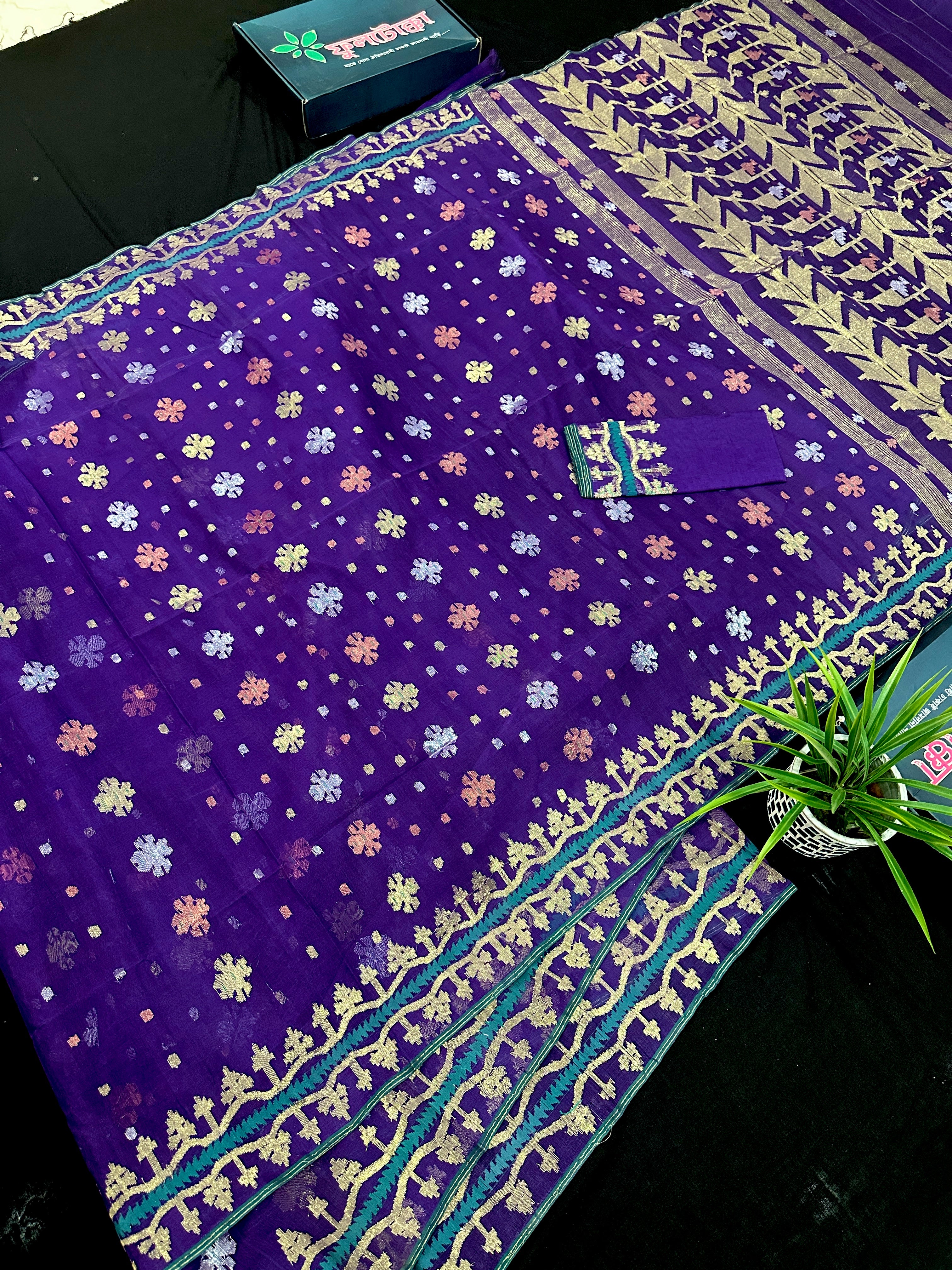 Violate purple jamdani saree all over golden silver and copper jori work.