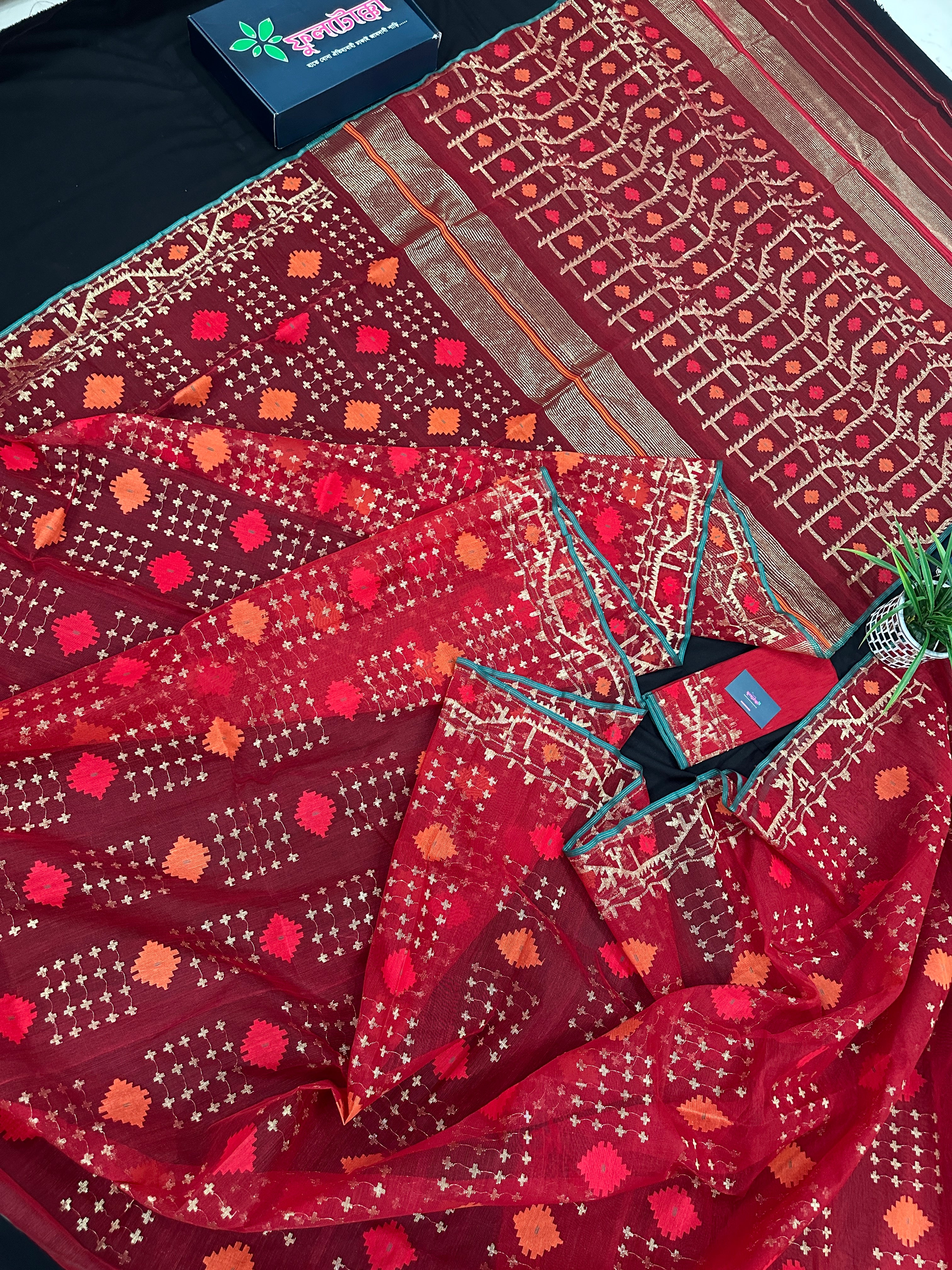Bridal Red Halfsilk Jamdani Saree With Golden Jori Work & Red Threads work.