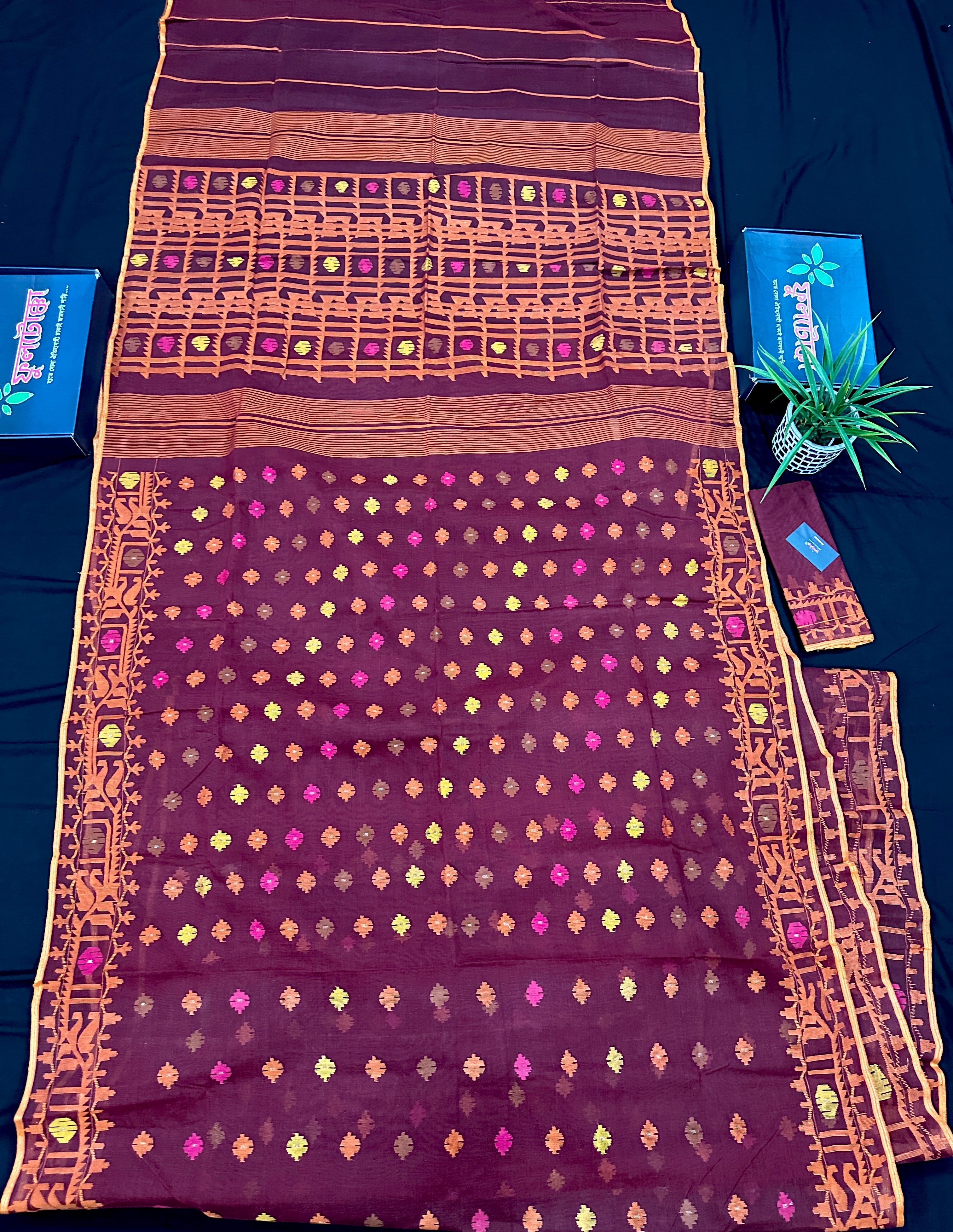 Bitrut colour cotton jamdani saree with yellow orange and pink threads work & blouse piece.