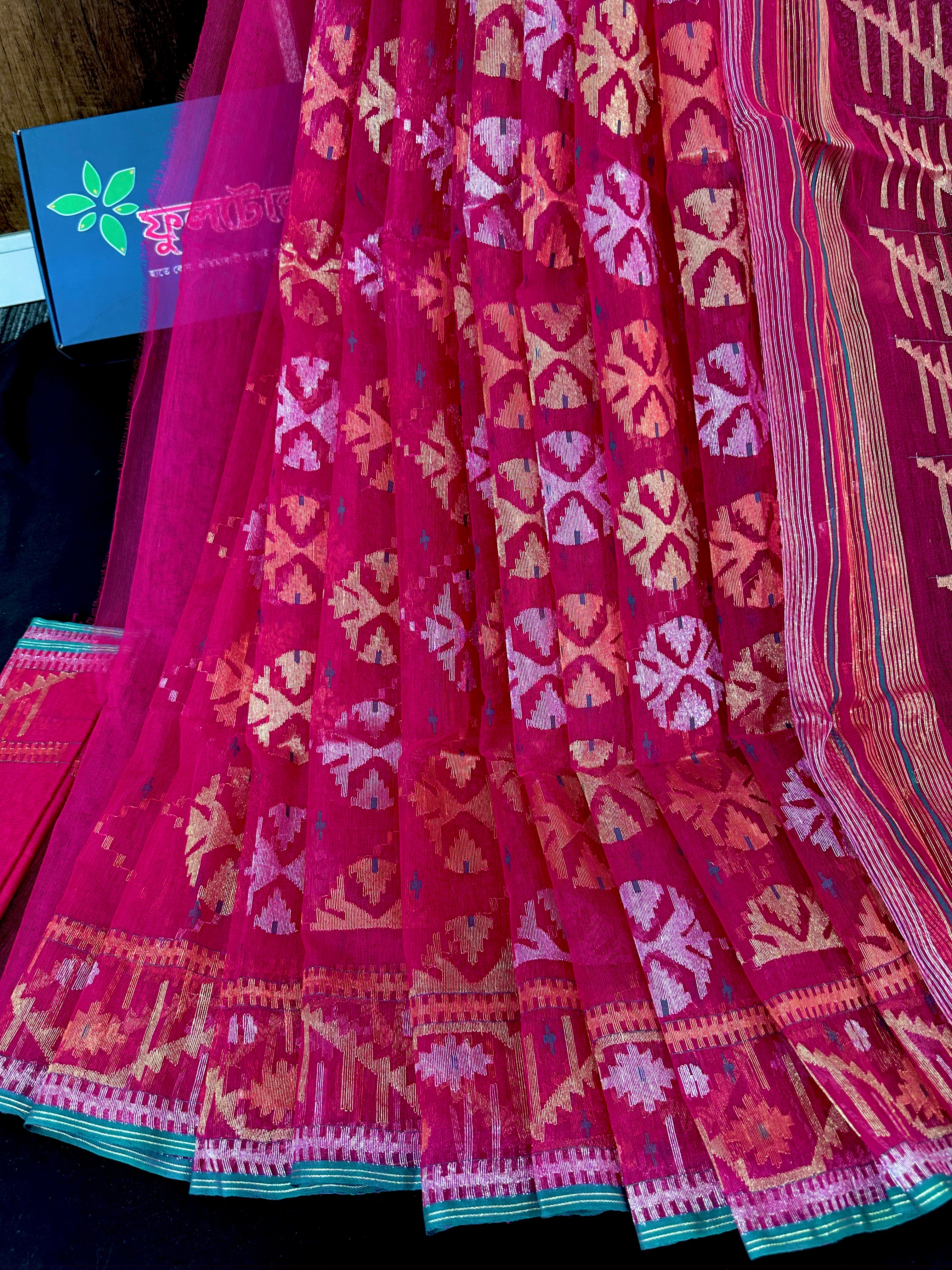 Raani golapi exclusive halfsilk jamdani saree with golden silver & copper jori work