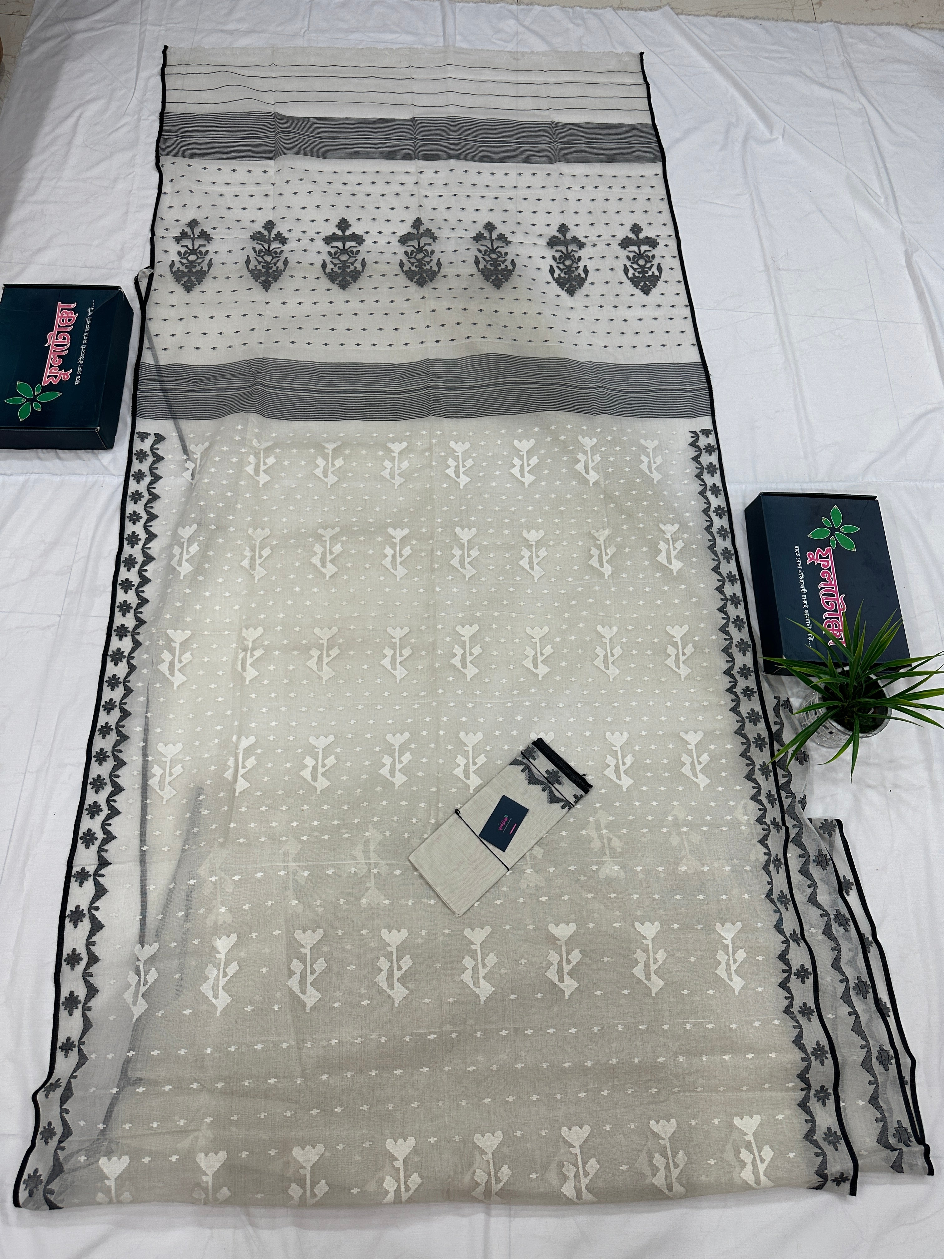 Black White Jamdani Saree With Black Threads & White Threads Work.
