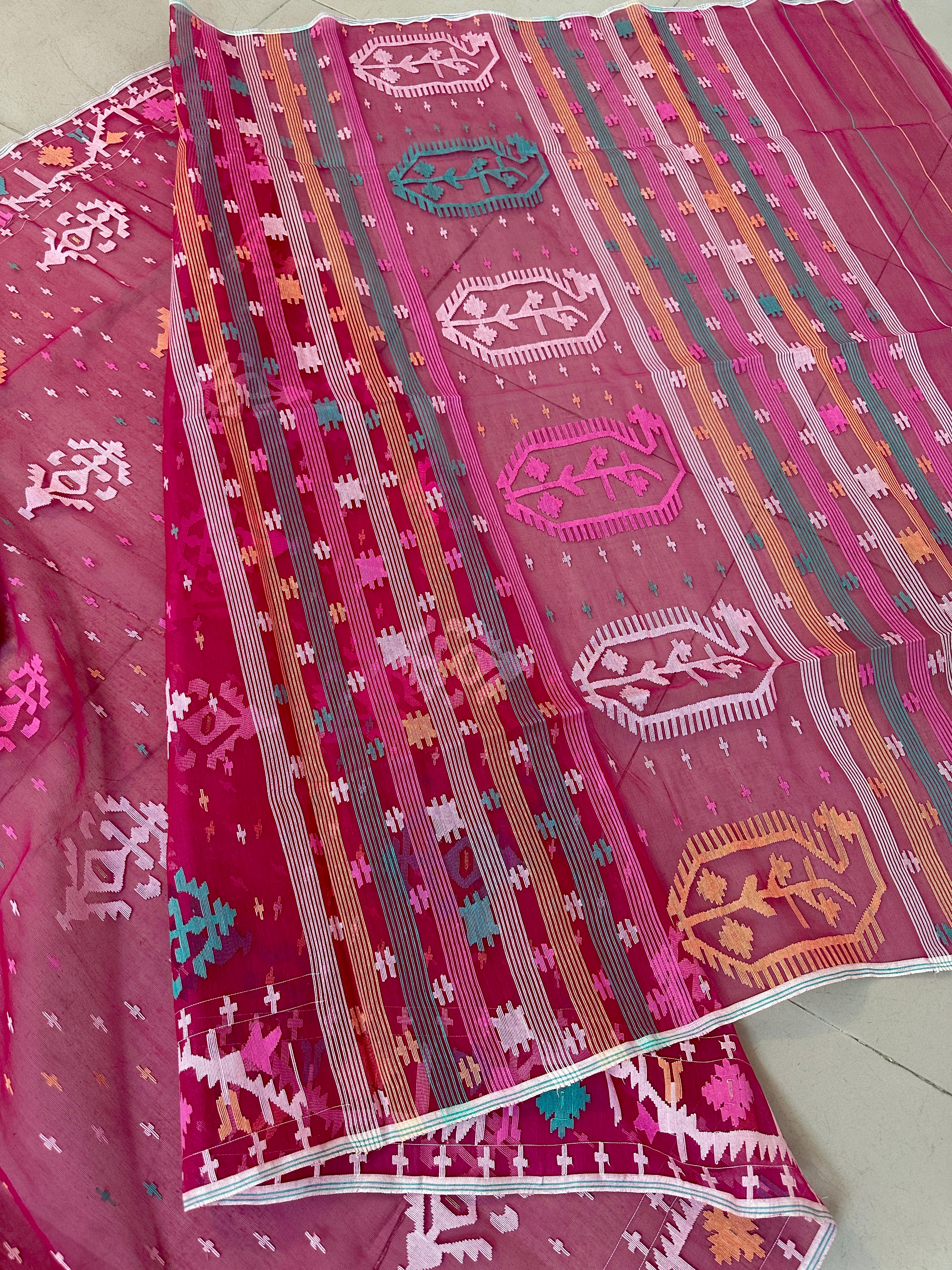 Pink colour unique Jamdani fabric features a stunning design...