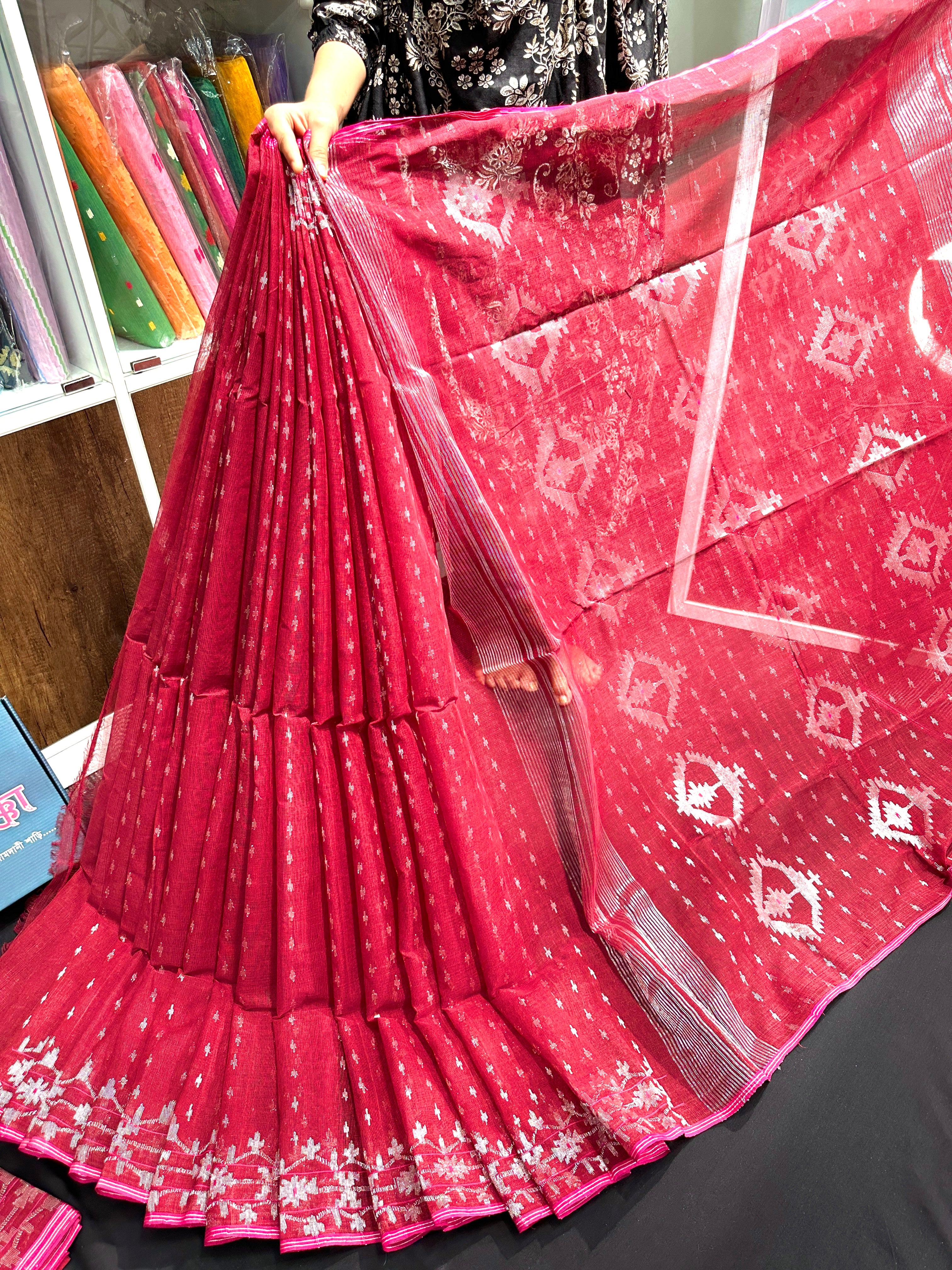 Maroon cotton jamdani saree with silver jori work