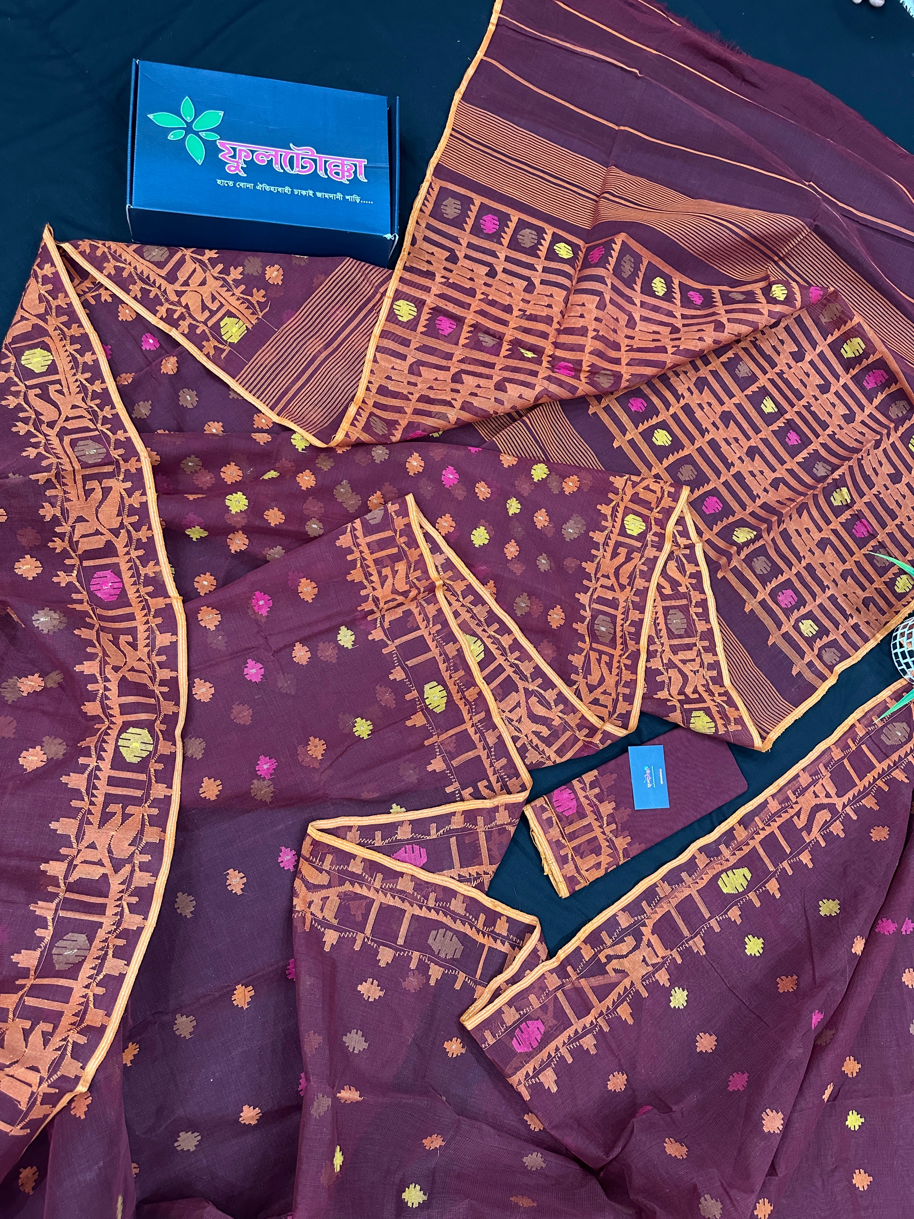 Bitrut colour cotton jamdani saree with yellow orange and pink threads work & blouse piece.