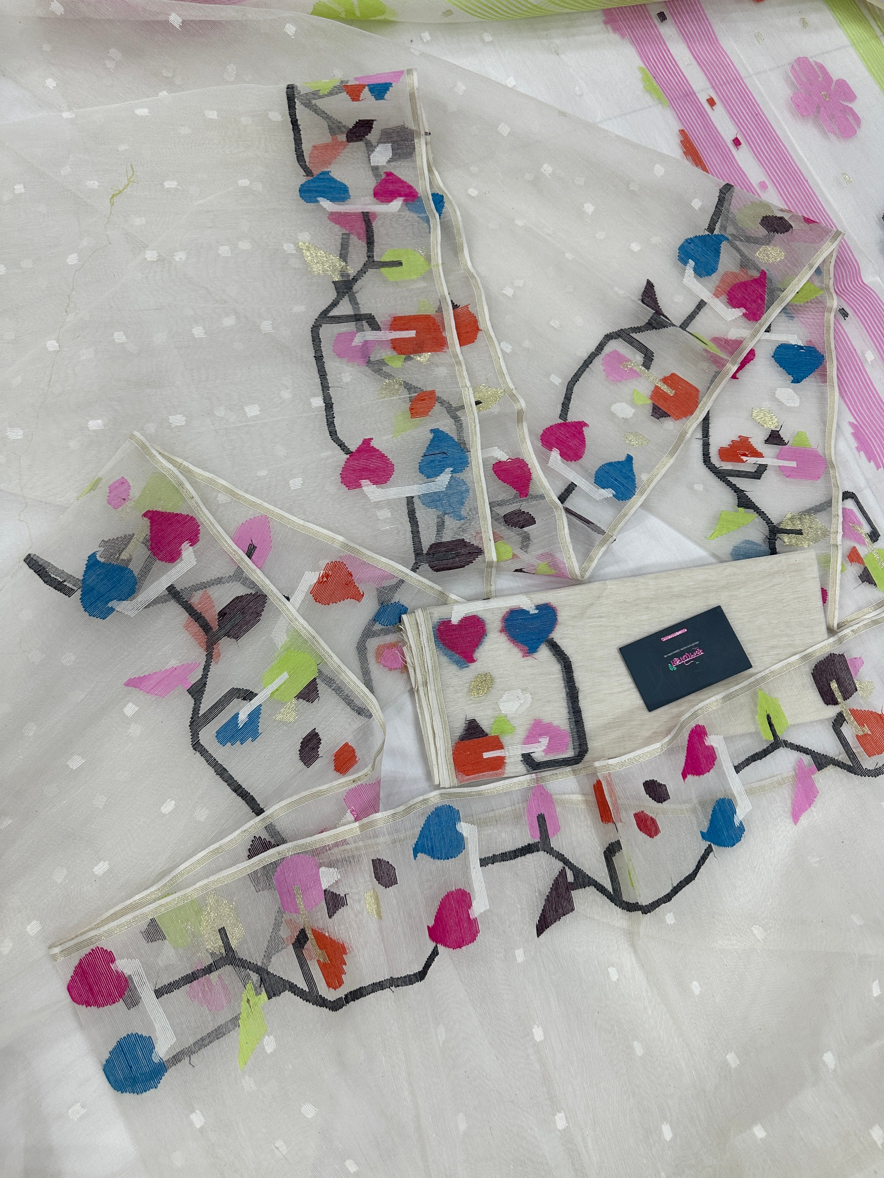 White Jamdani Saree With Multiple Threads Work.