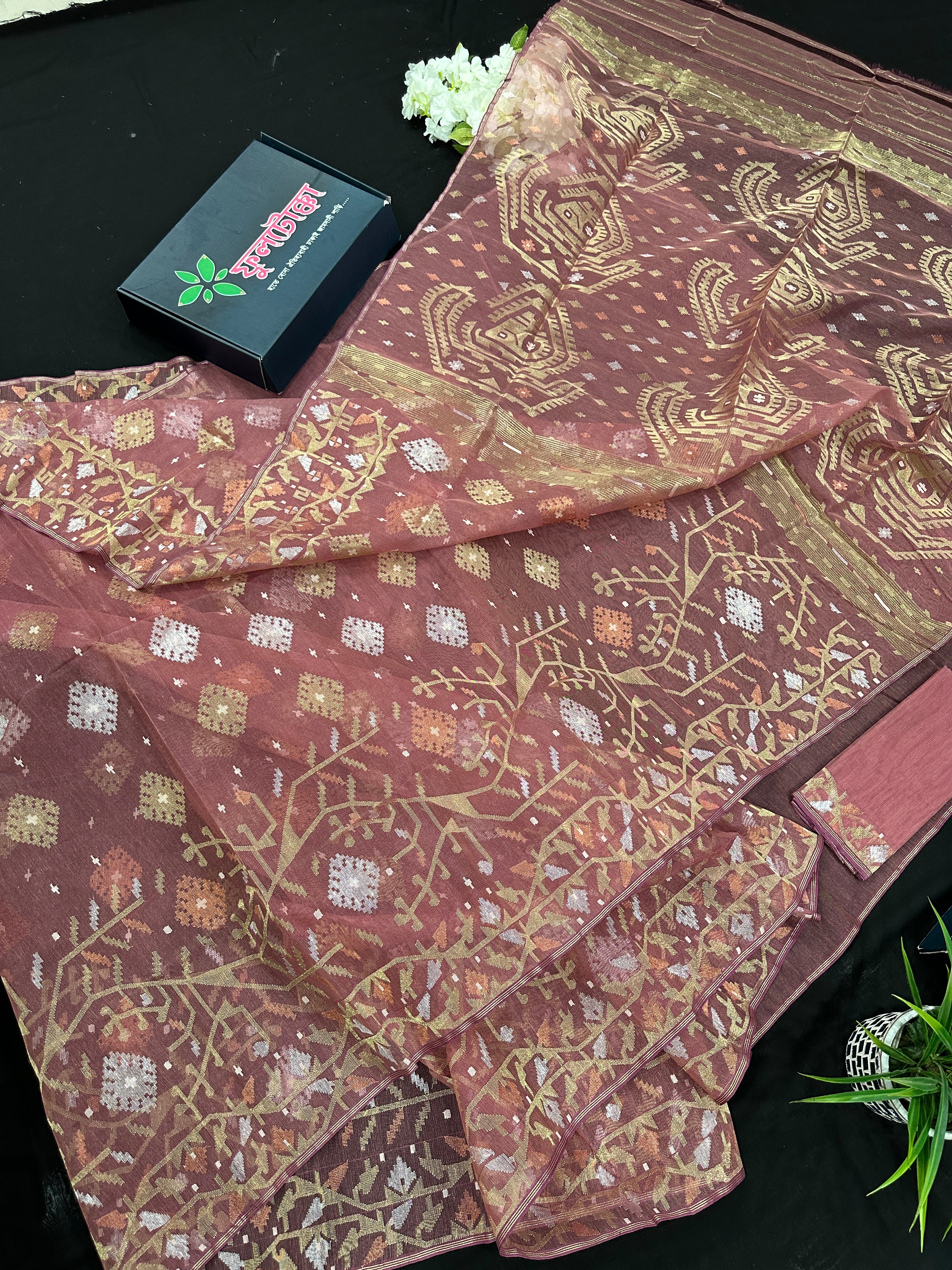 Nude Onion Exclusive Dhakai Jamdani saree with golden silver & copper jori work.