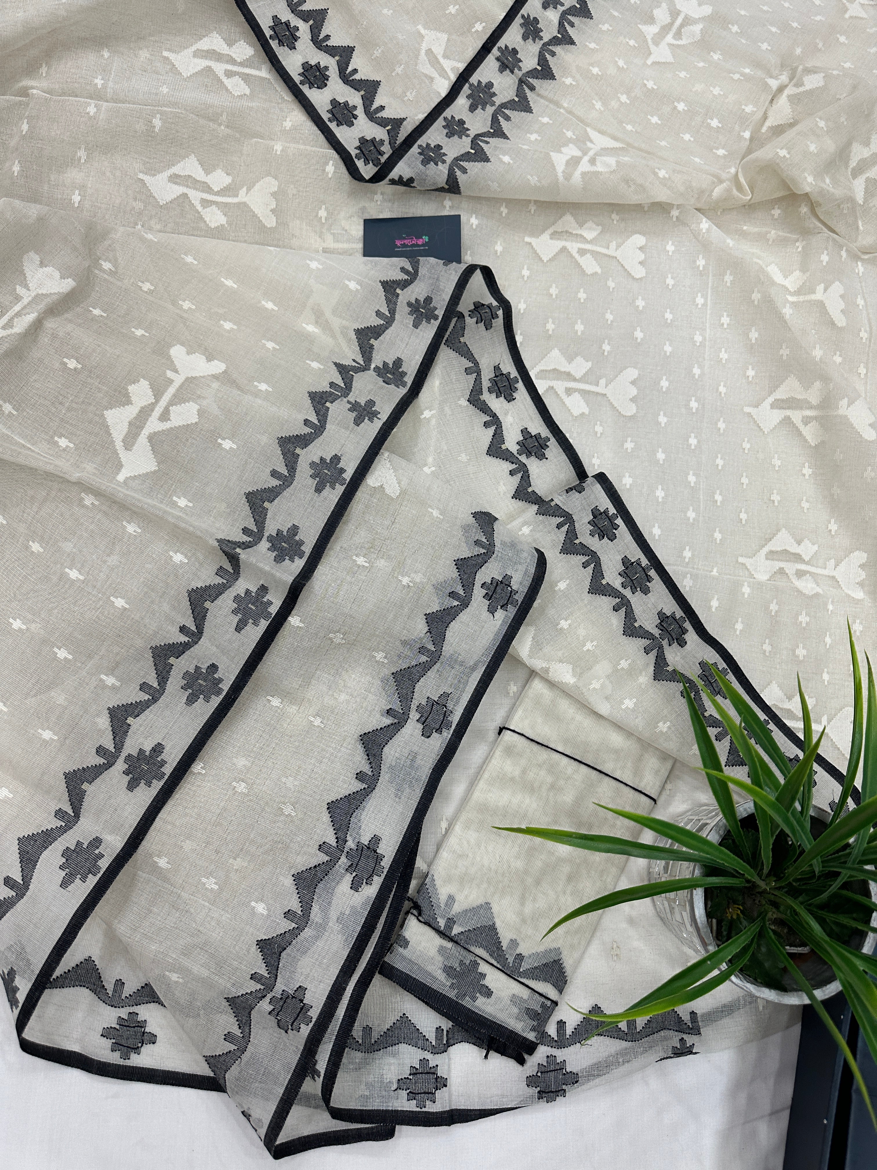 Black White Jamdani Saree With Black Threads & White Threads Work.