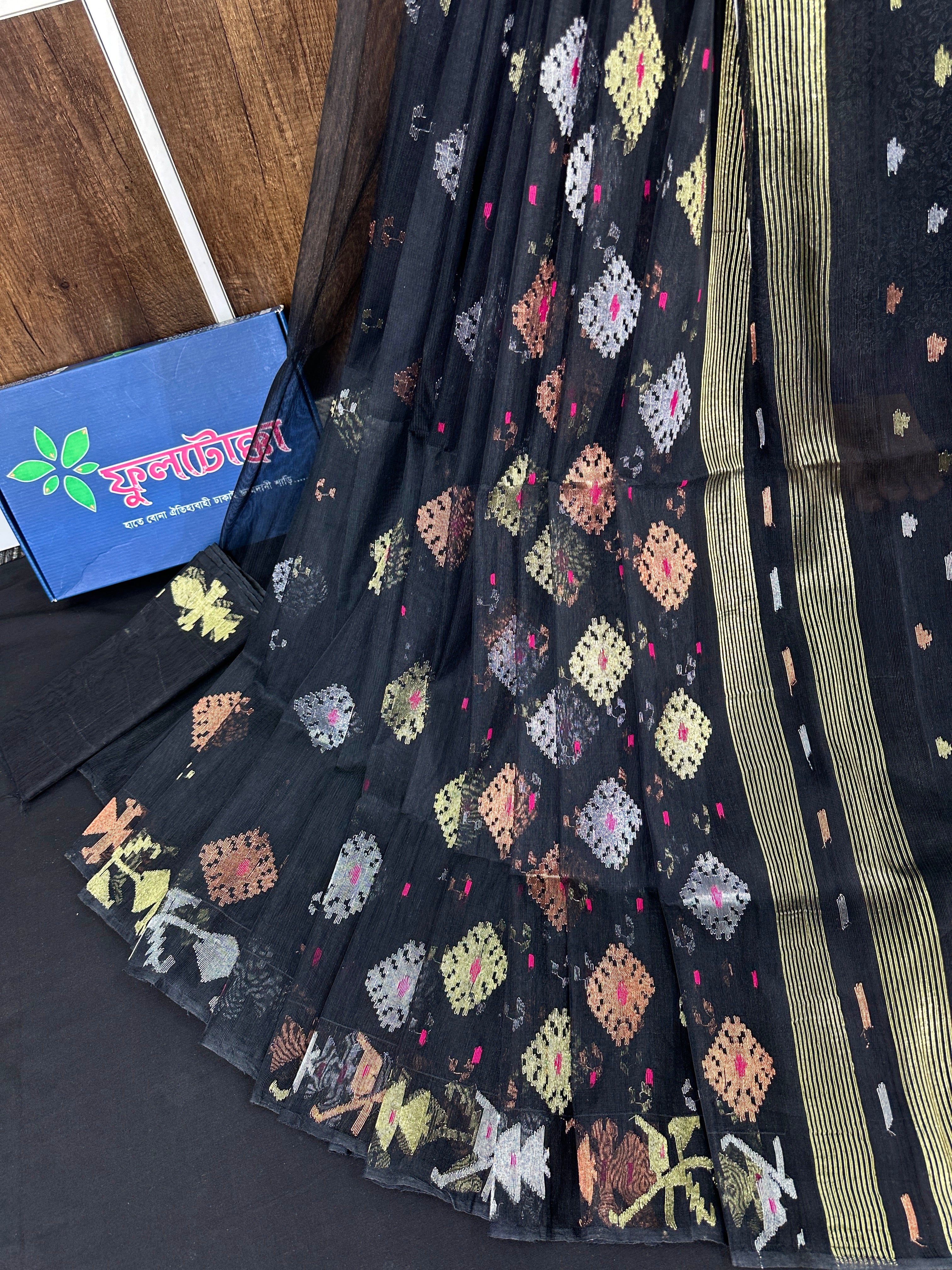 Black halfsilk jamdani saree with golden silver & copper jori work and magenta meena work