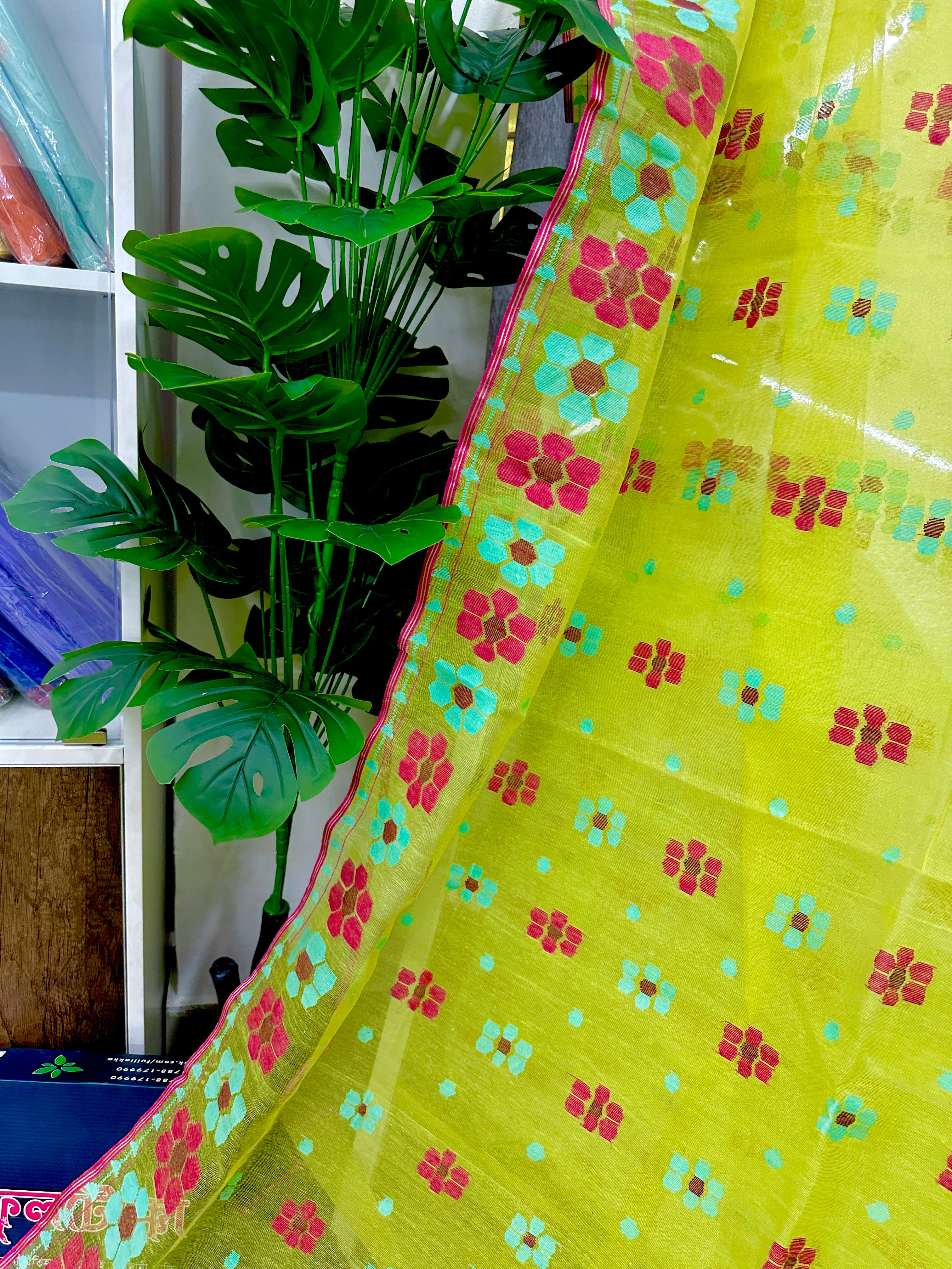 Bright Yellow jamdani saree With Multi Colour.
