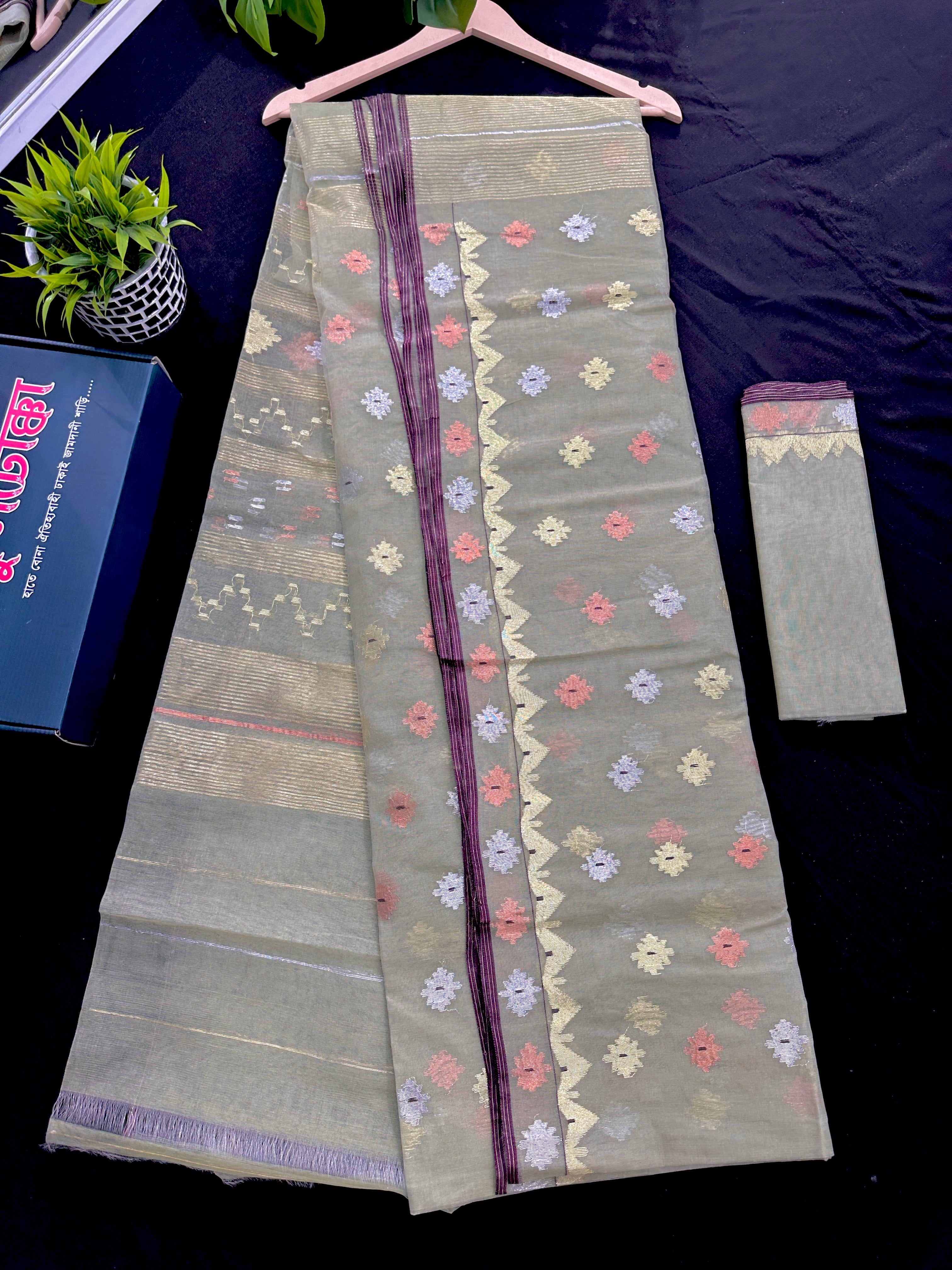 Olive halfsilk jamdani saree with golden silver & copper jori work