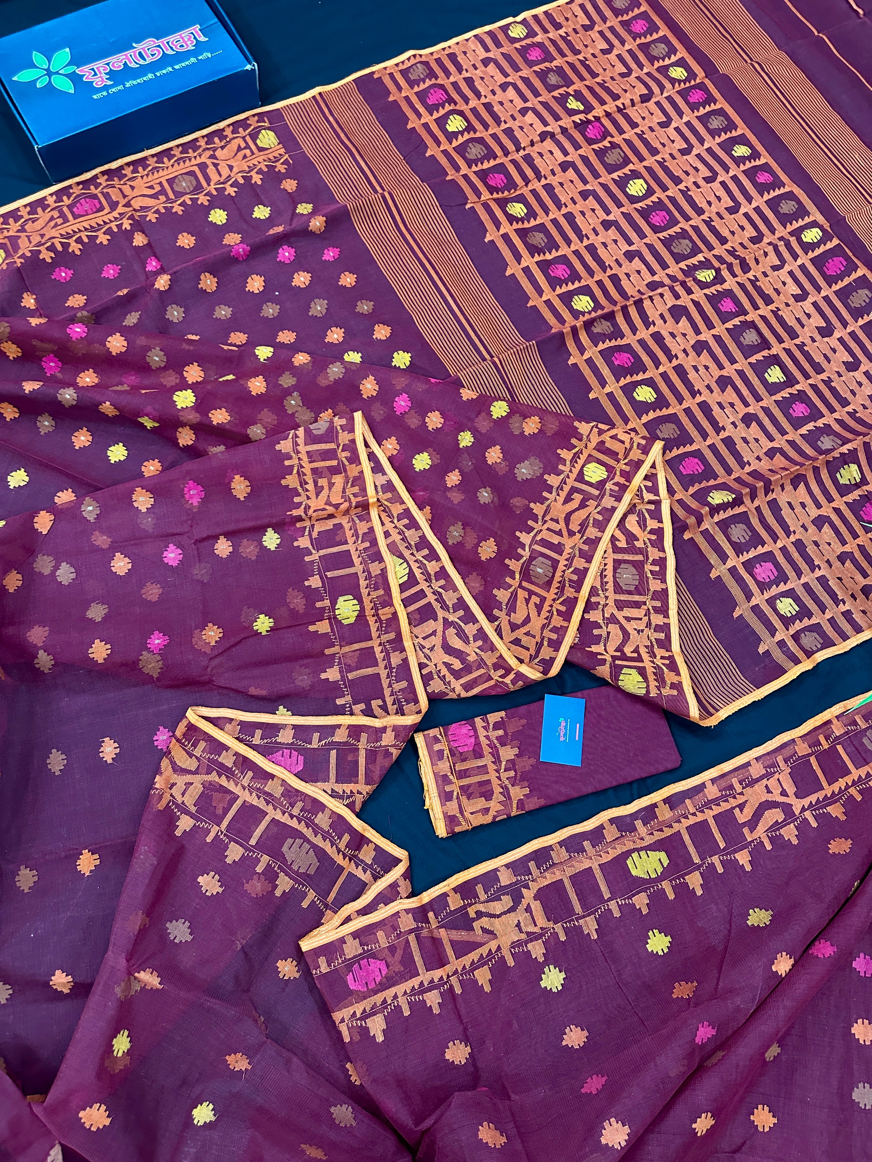 Bitrut colour cotton jamdani saree with yellow orange and pink threads work & blouse piece.