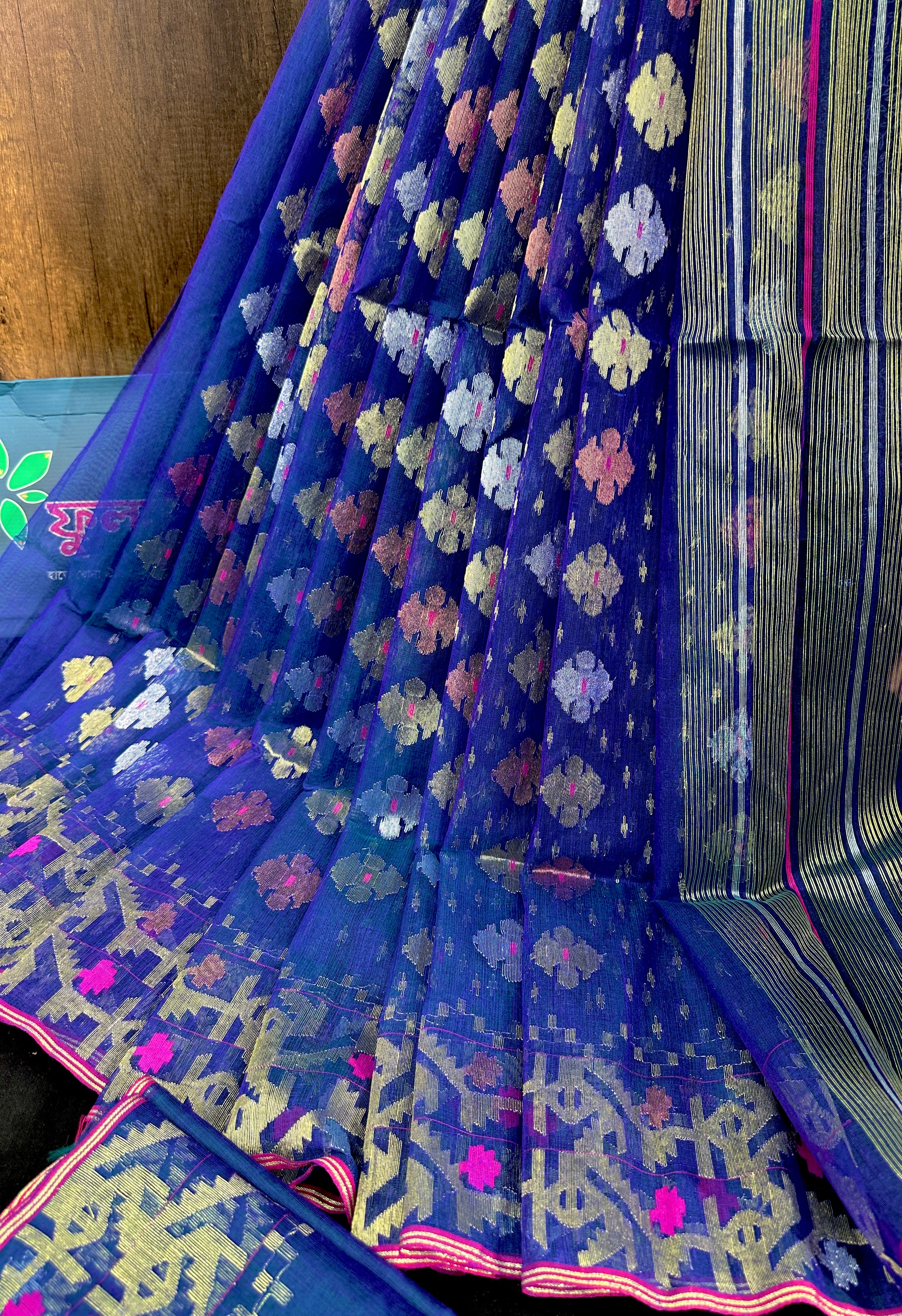 Blue halfsilk jamdani saree with golden silver & copper jori work