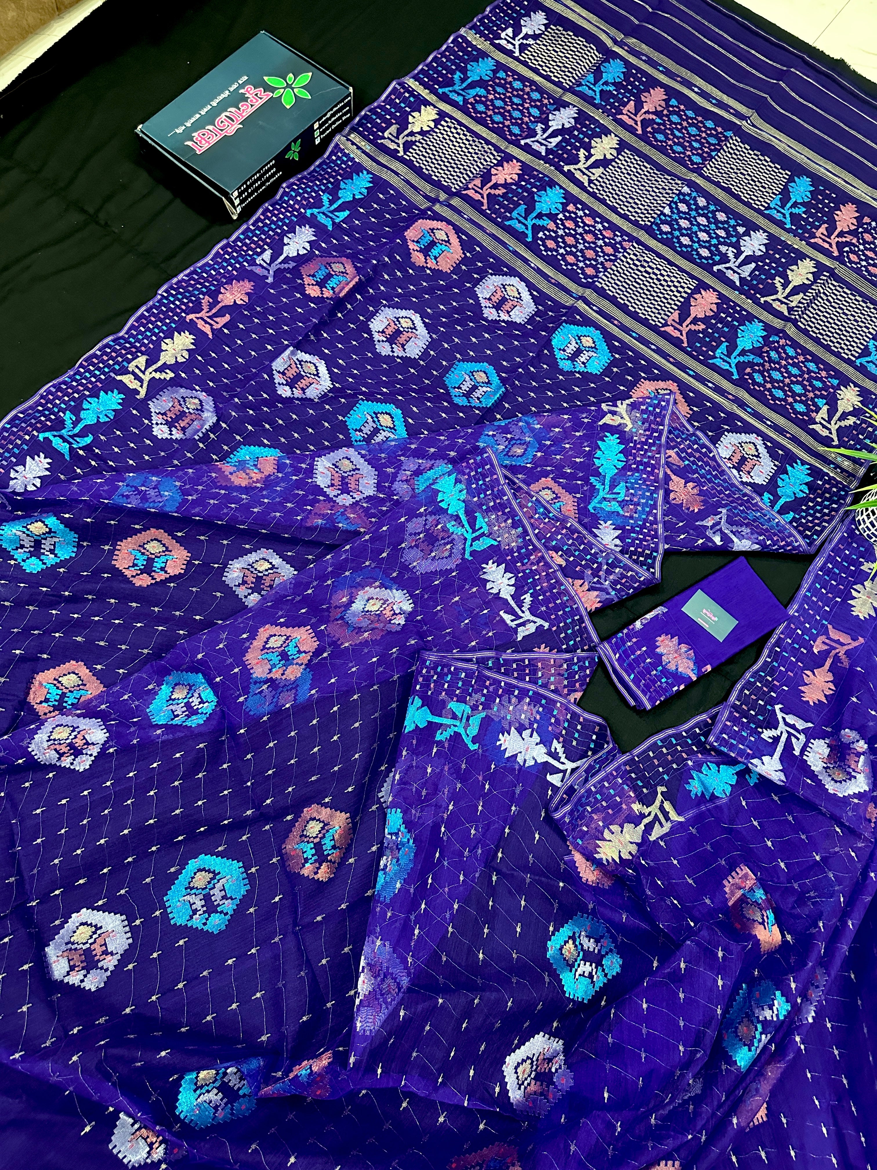 Dual Toned Purple Jamdani Saree With Golden Silver & Copper Jori Work.