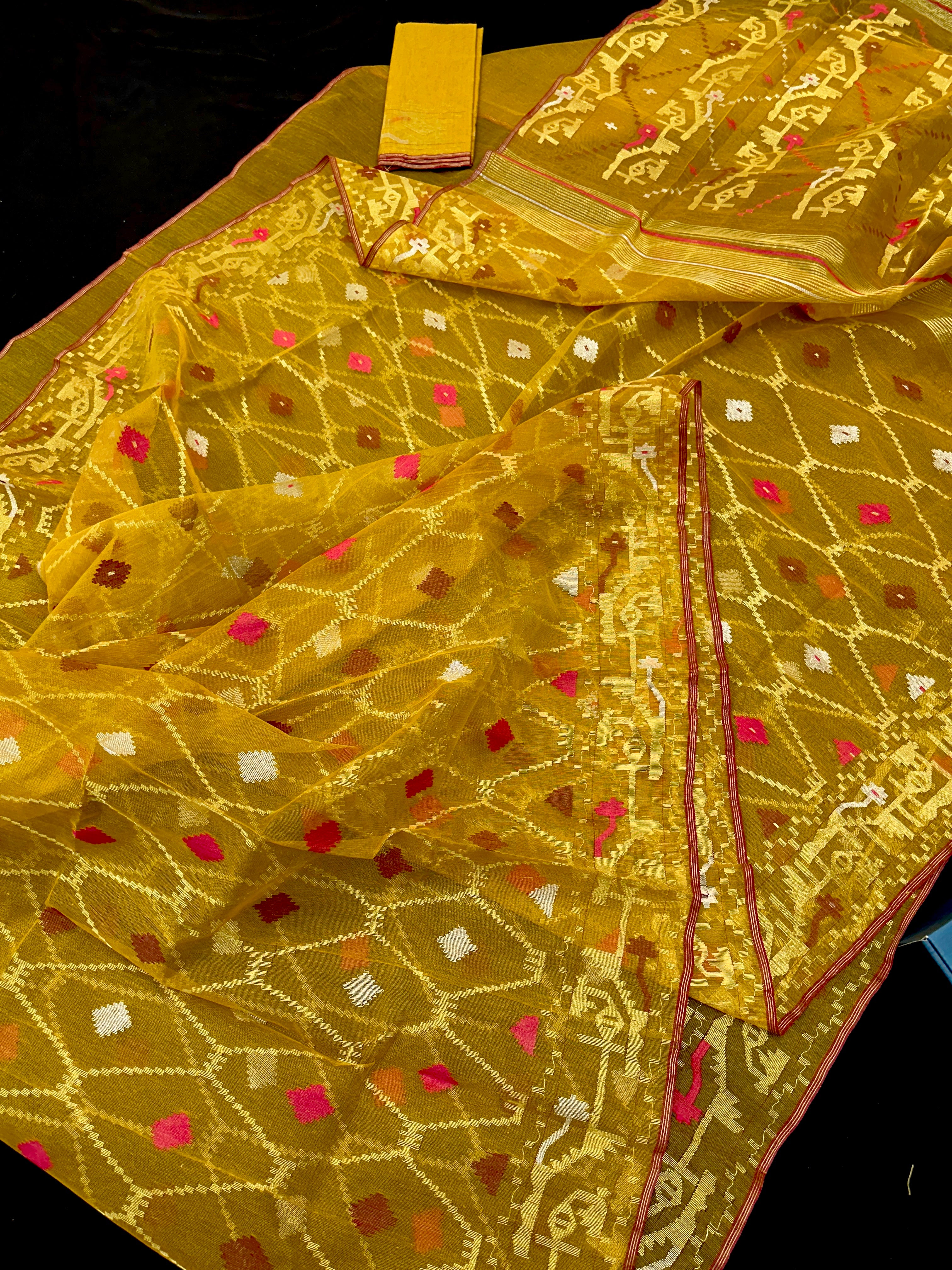 Mustard Yellow Eye catching Handloom Original Dhakai Jamdani Saree With Golden Jodi Work And Red Threads