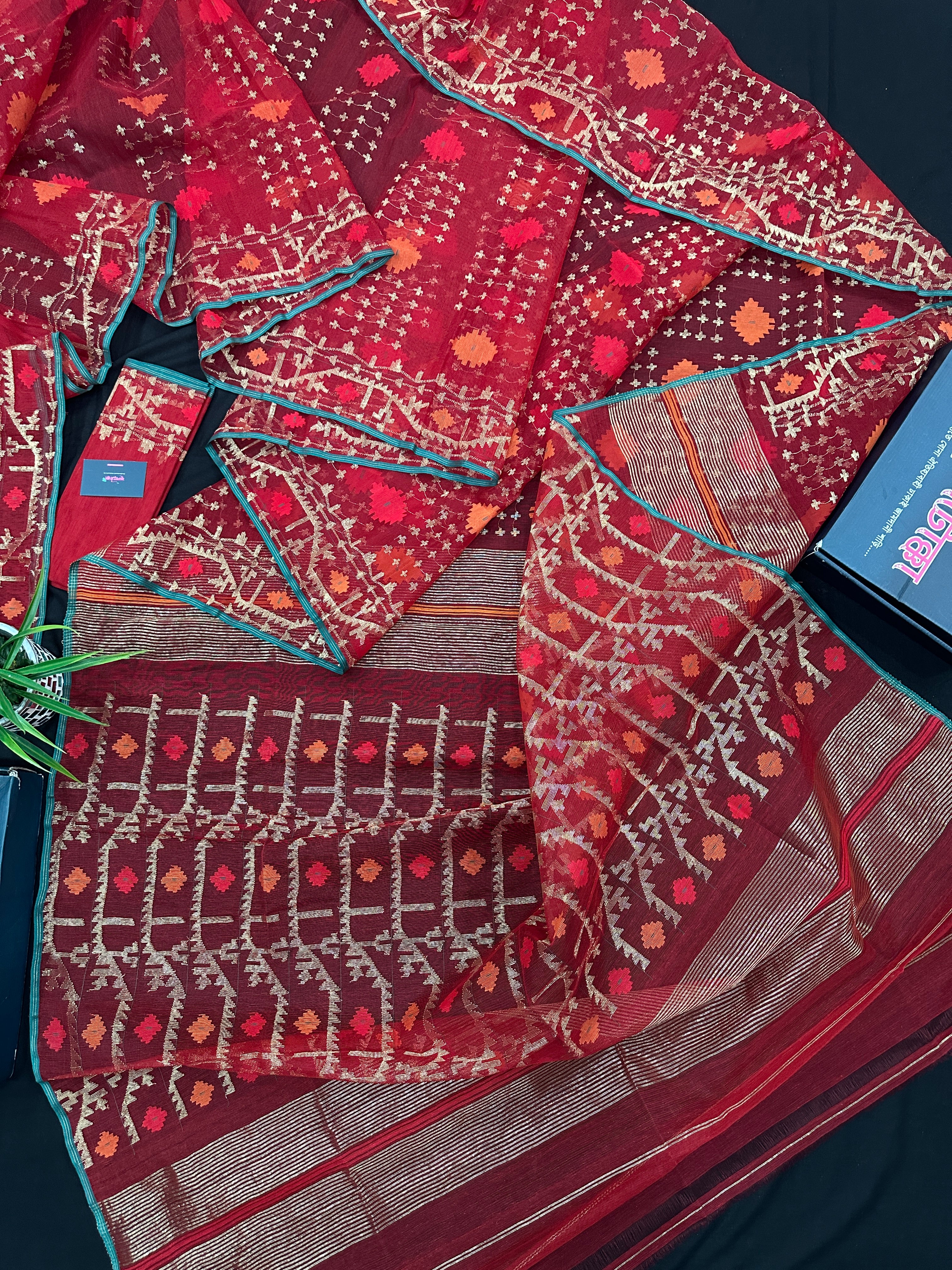 Bridal Red Halfsilk Jamdani Saree With Golden Jori Work & Red Threads work.