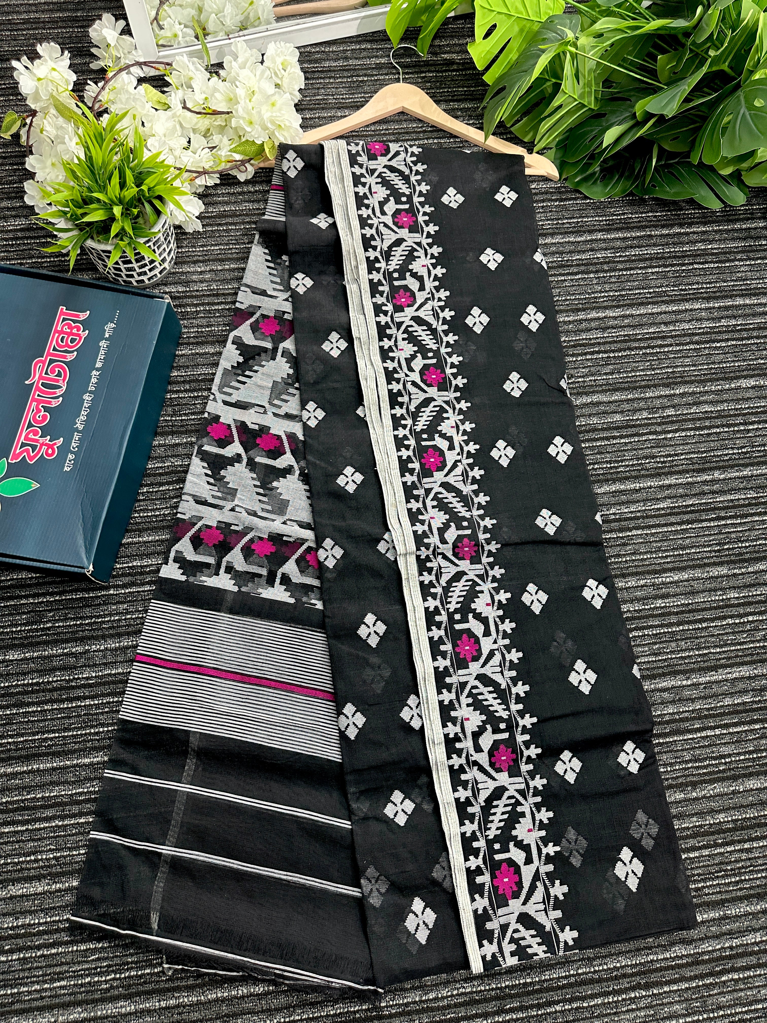 Black cotton jamdani saree with white threads and pink meena work