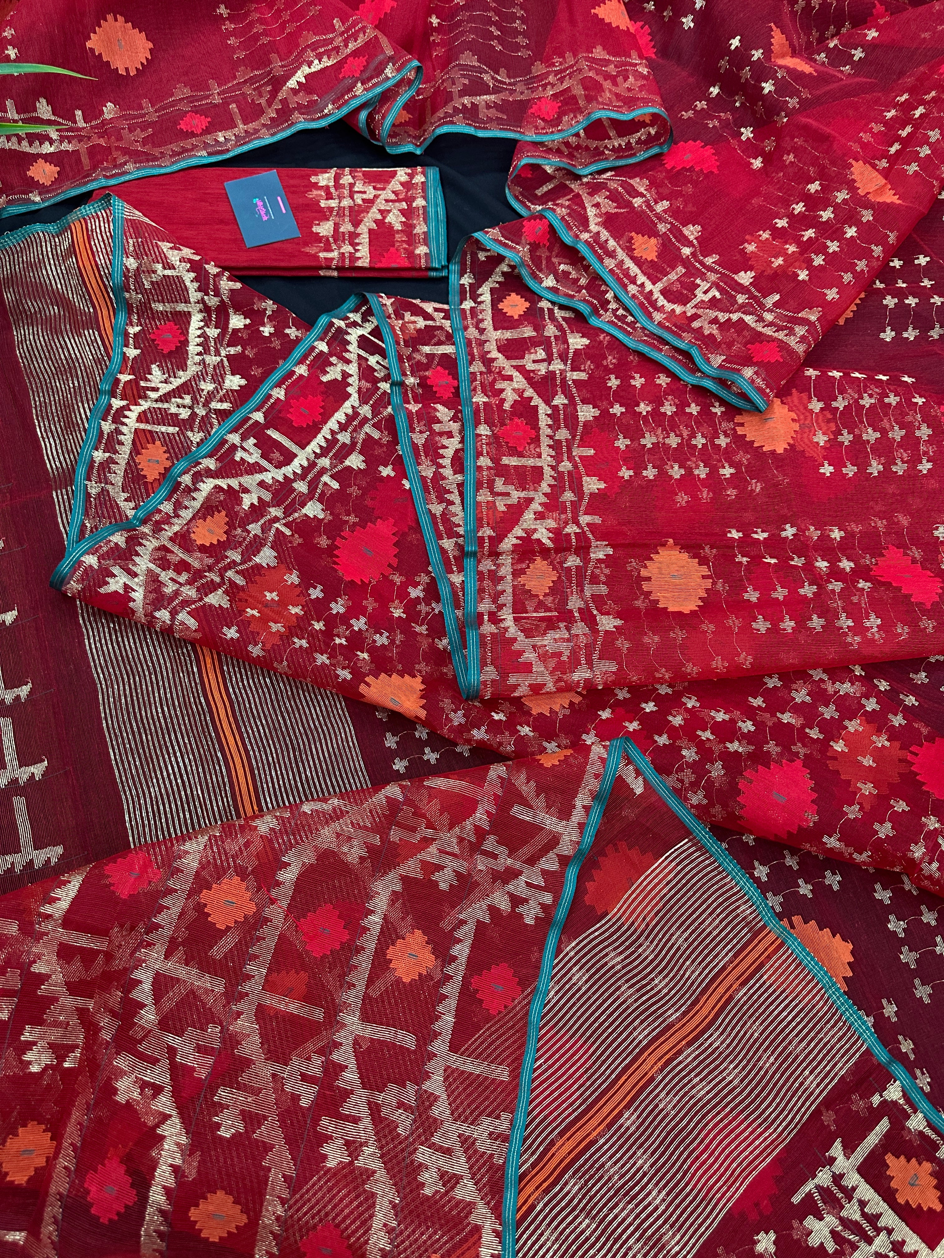 Bridal Red Halfsilk Jamdani Saree With Golden Jori Work & Red Threads work.