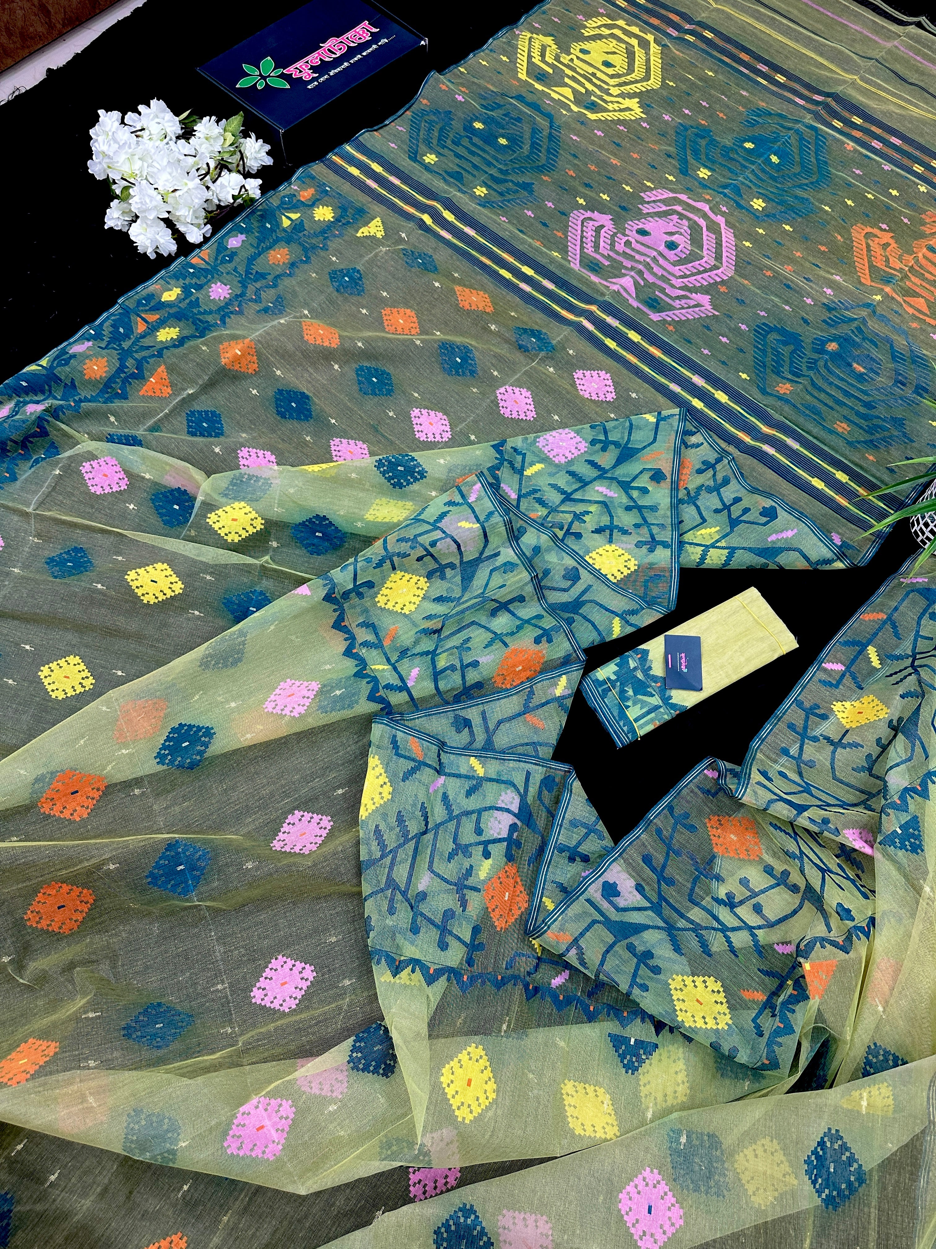 Yellow Exclusive dhakai jamdani saree with all over multi colour threads & flower work soft count.