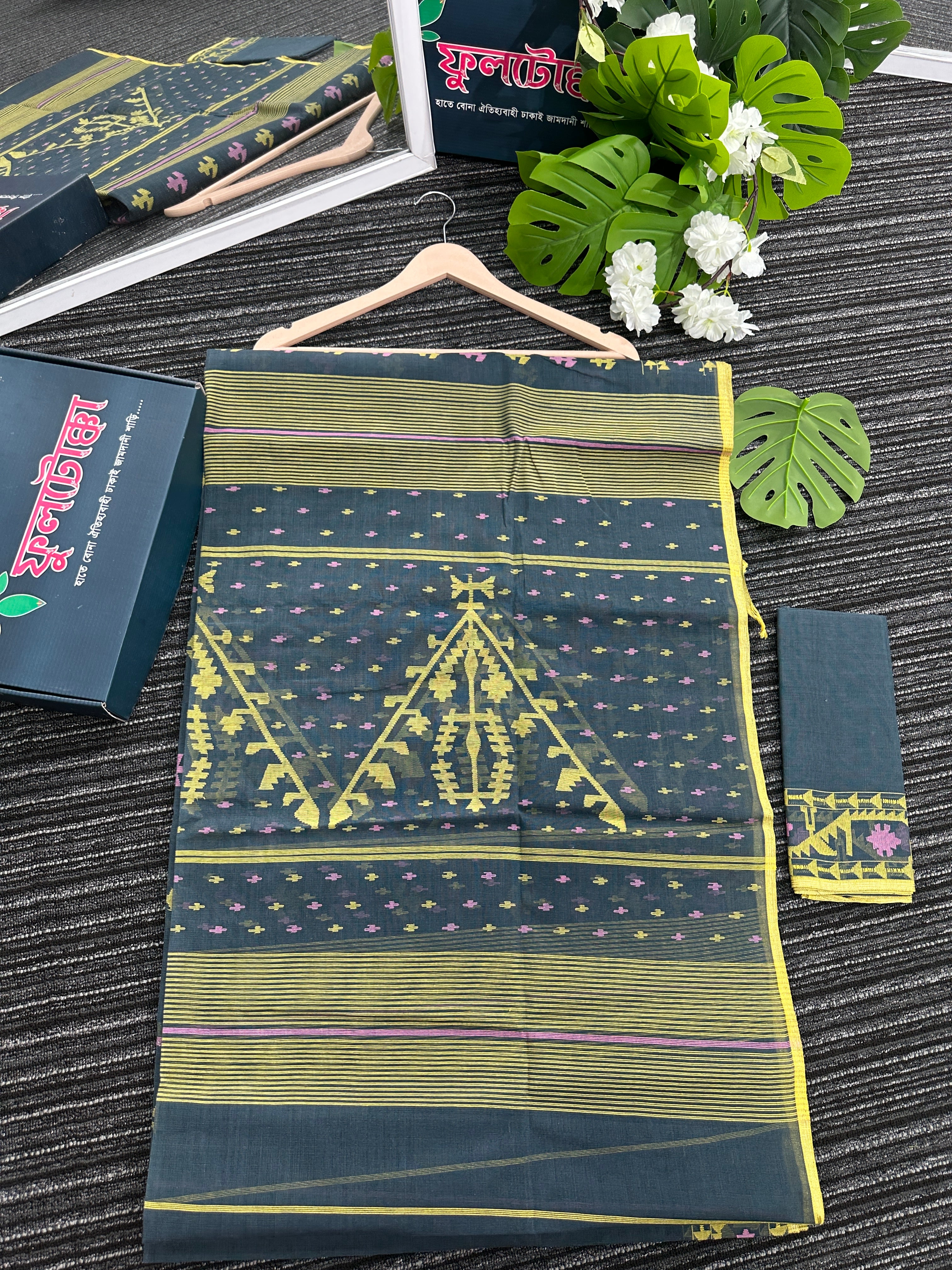 Grey colour jamdani saree with pink yellow threads work