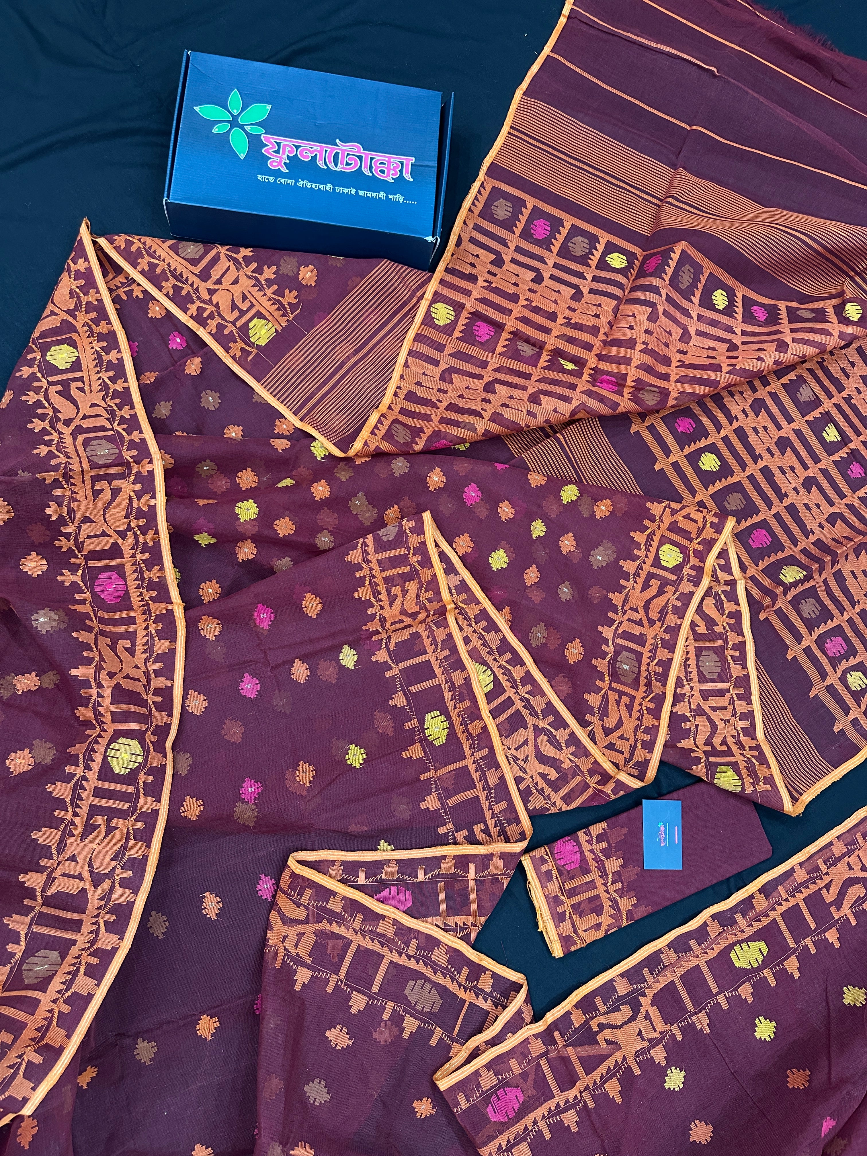 Bitrut colour cotton jamdani saree with yellow orange and pink threads work & blouse piece.