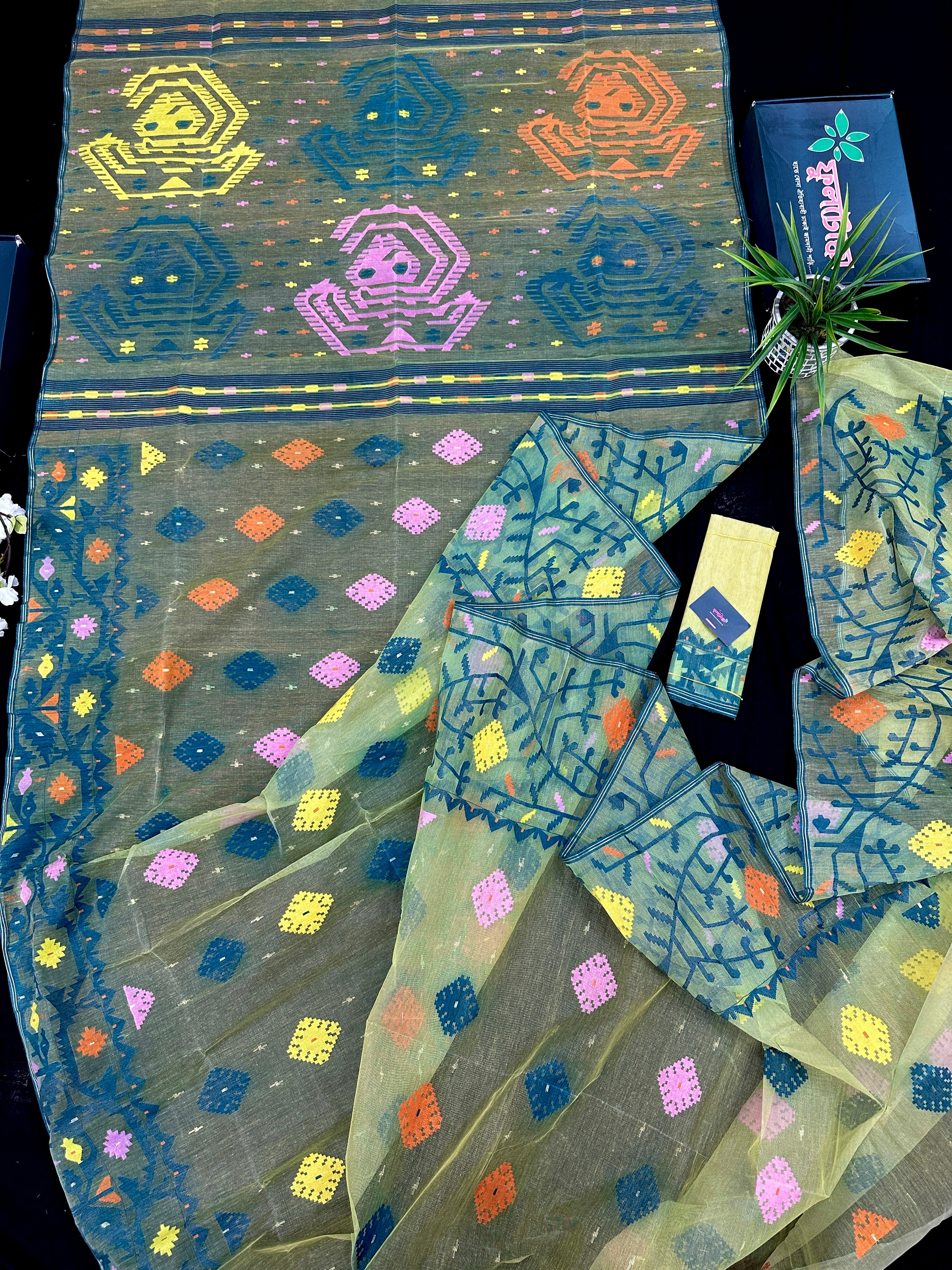 Yellow Exclusive dhakai jamdani saree with all over multi colour threads & flower work soft count.