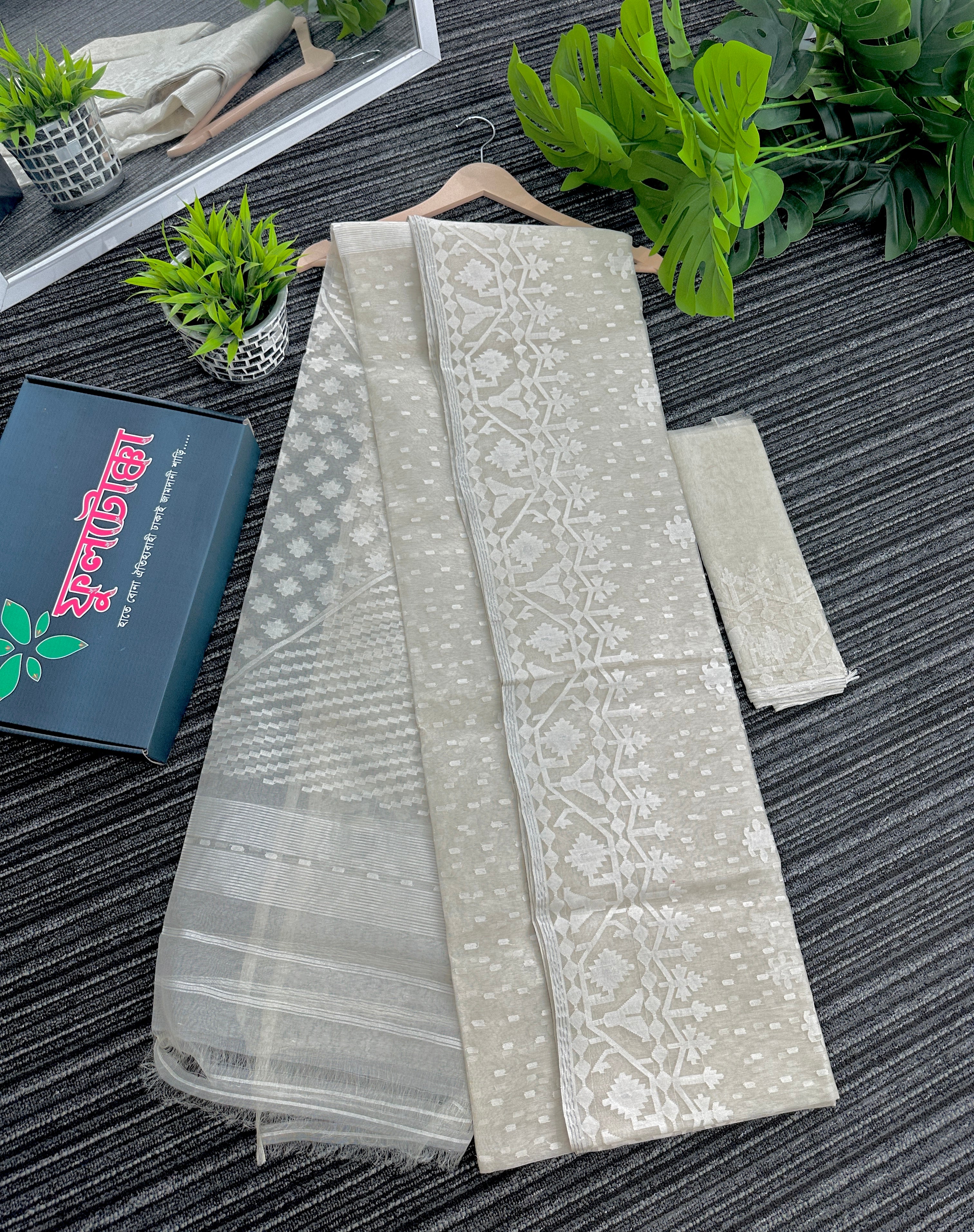 White exclusive halfsilk jamdani saree with white threads work and blouse piece