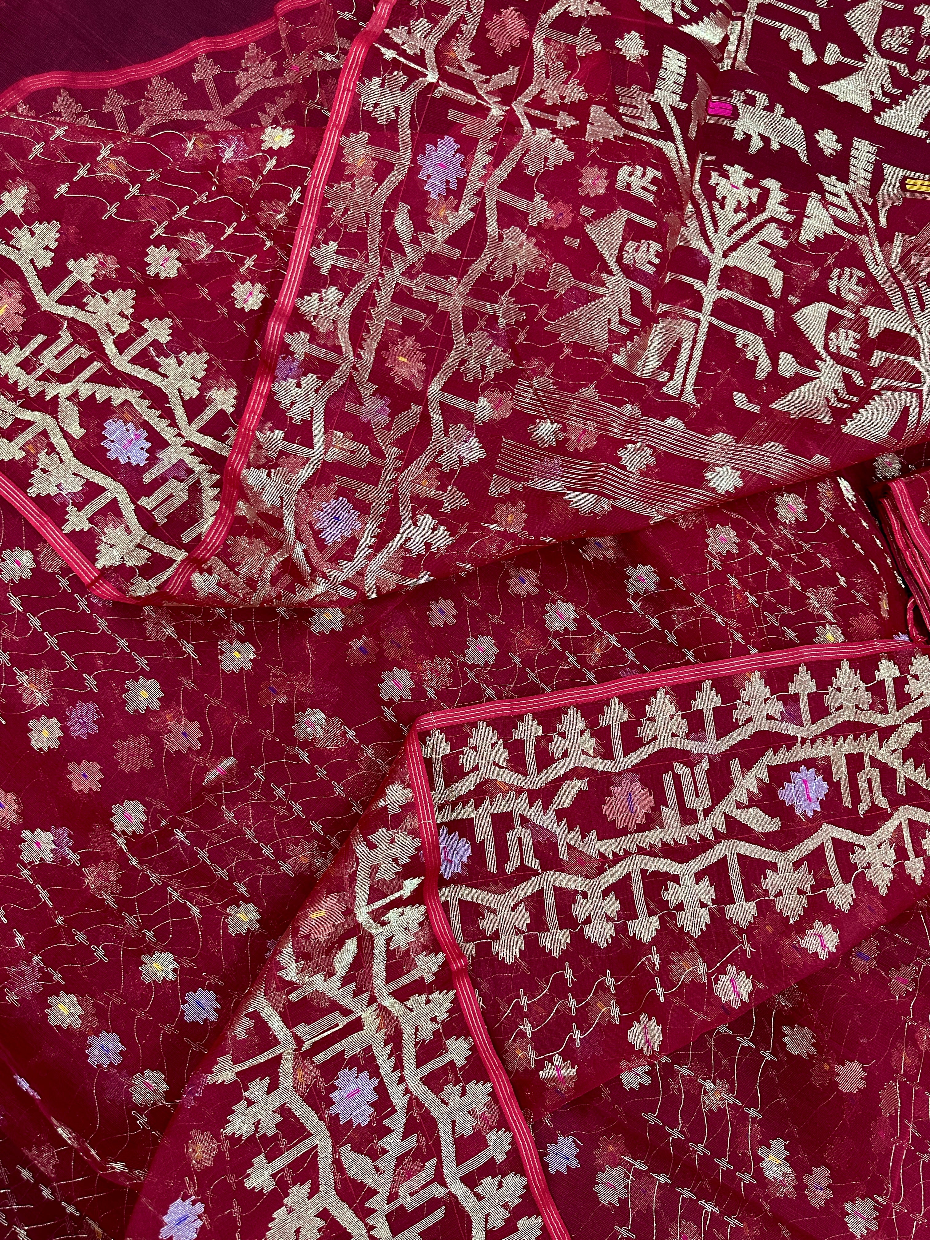 Reddish Maroon Bridal Exclusive dhakai jamdani saree with all over golden jori work soft count.