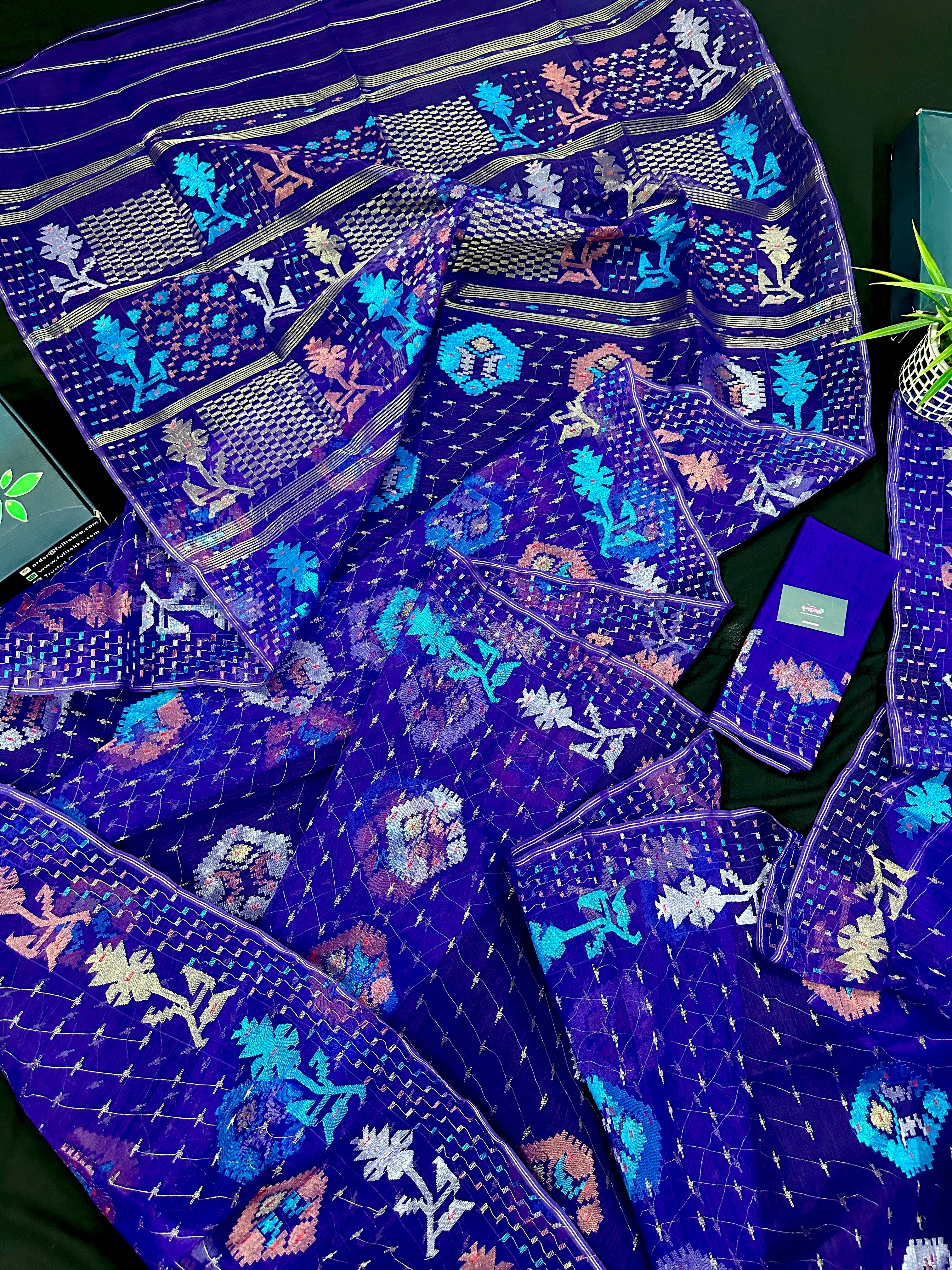 Dual Toned Purple Jamdani Saree With Golden Silver & Copper Jori Work.