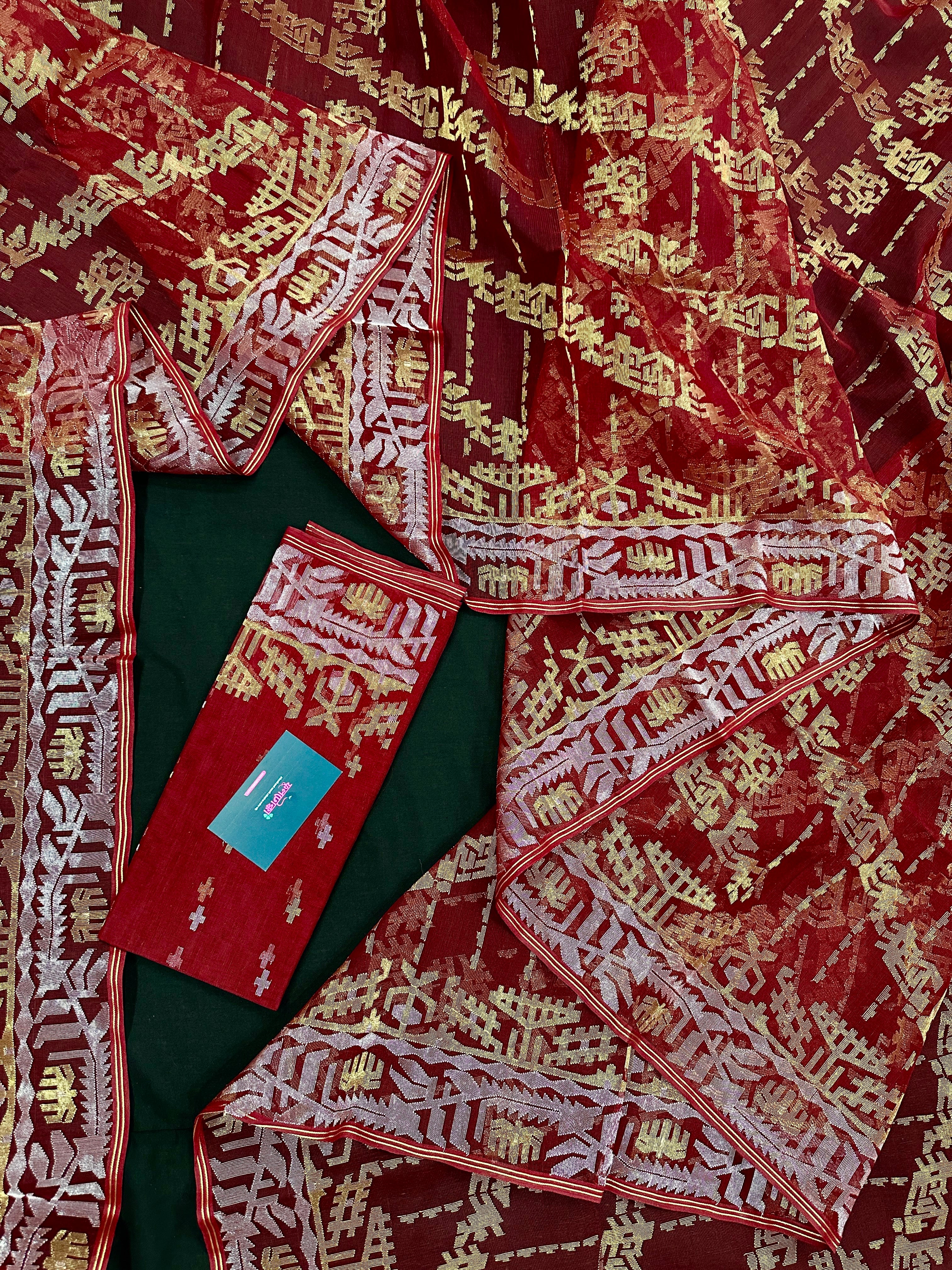 Maroon super exclusive bridal jamdani saree with golden silver jori work.